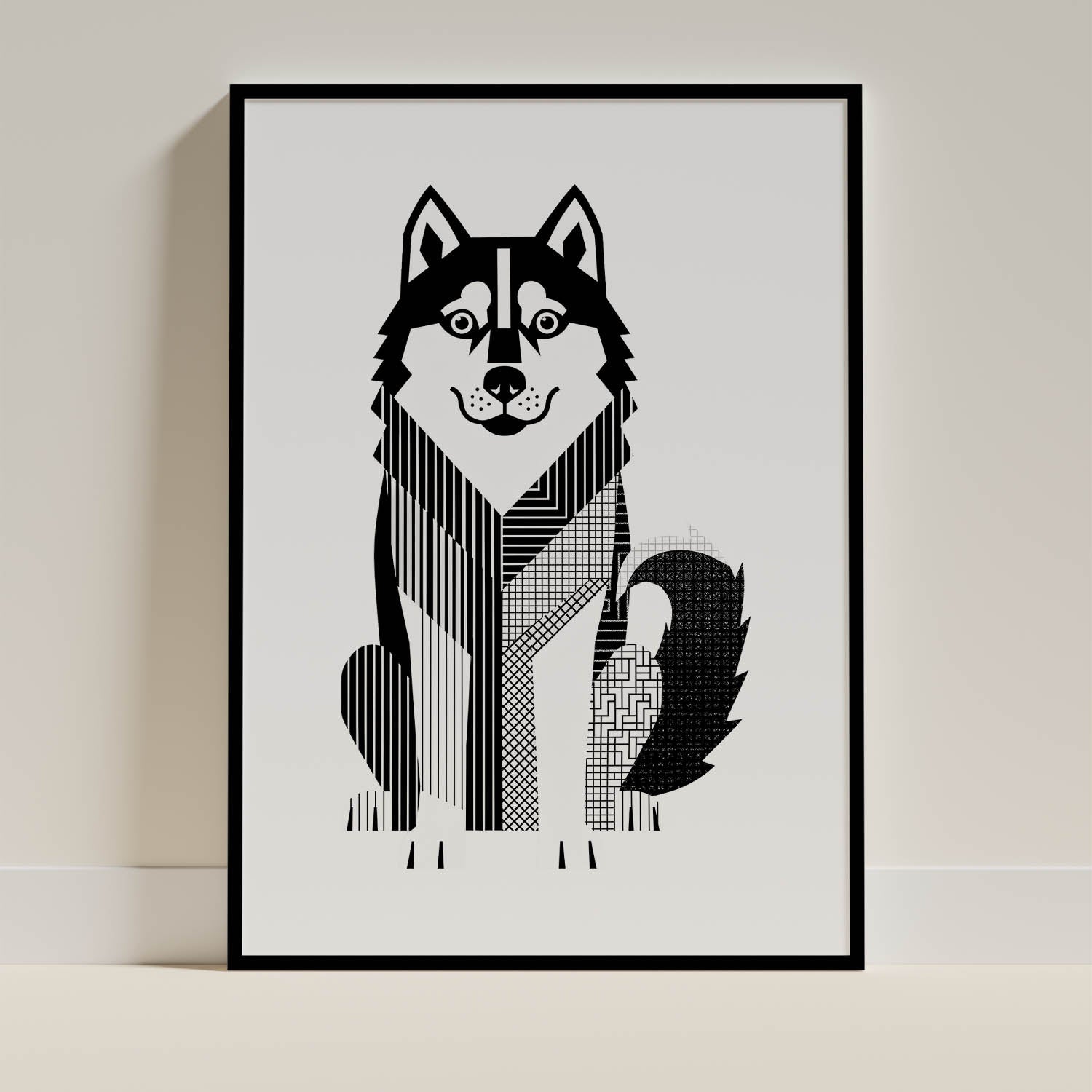 Alaskan Malamute Geometric Line Art Print - Framed Mockup