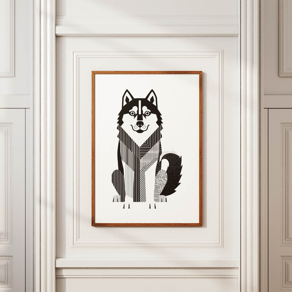 Alaskan Malamute Geometric Line Art Print - Framed Mockup