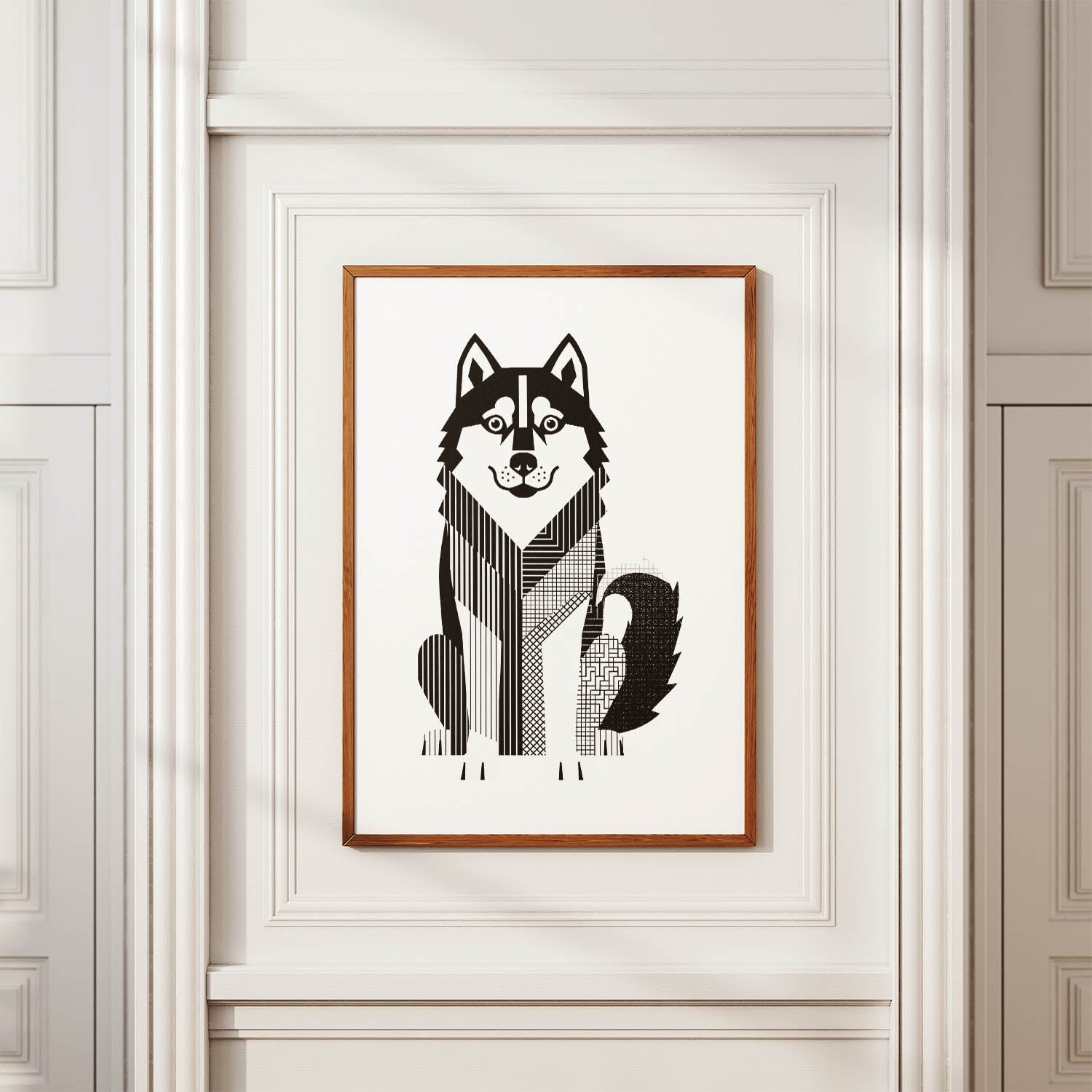 Alaskan Malamute Geometric Line Art Print - Framed Mockup