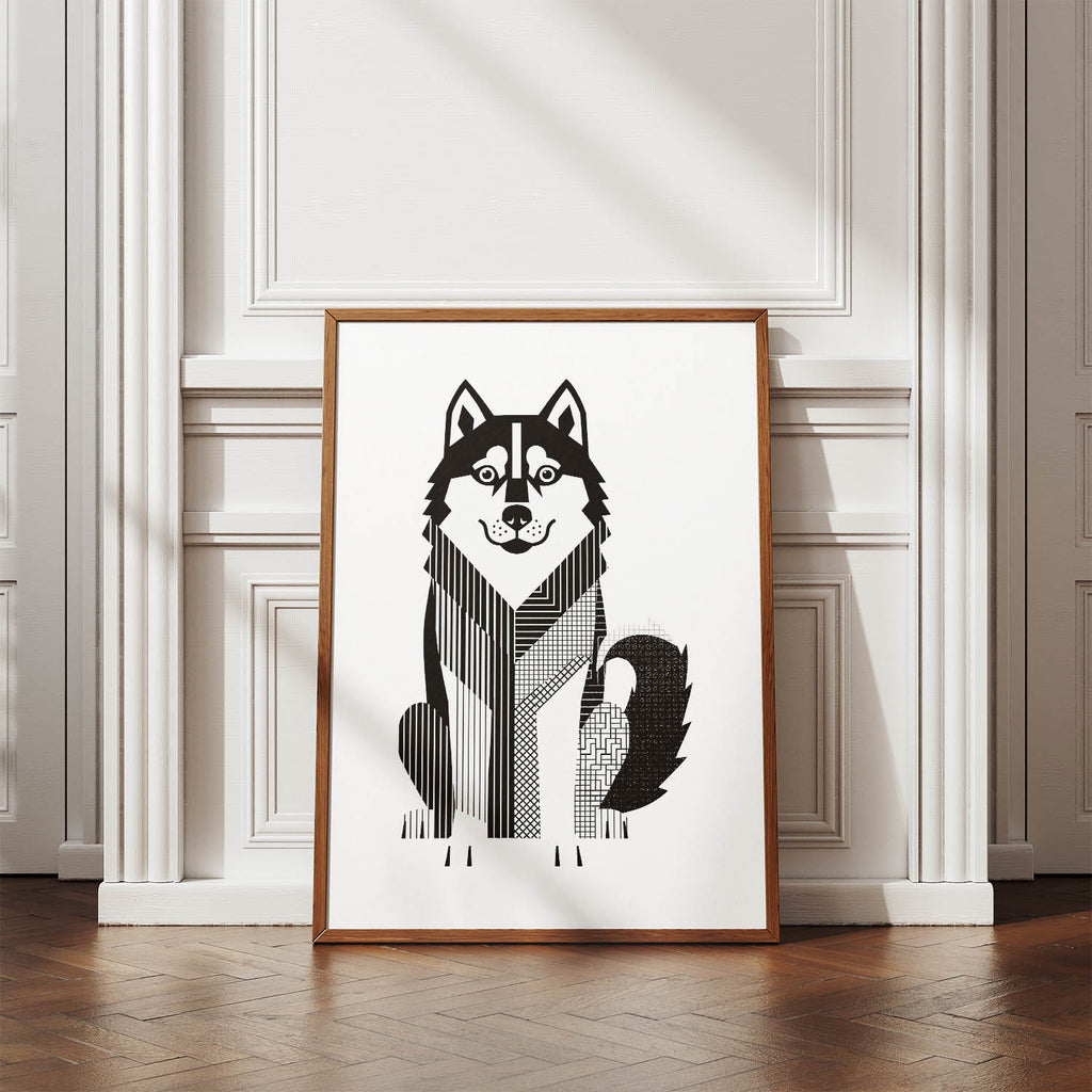 Alaskan Malamute Geometric Line Art Print - Framed Mockup