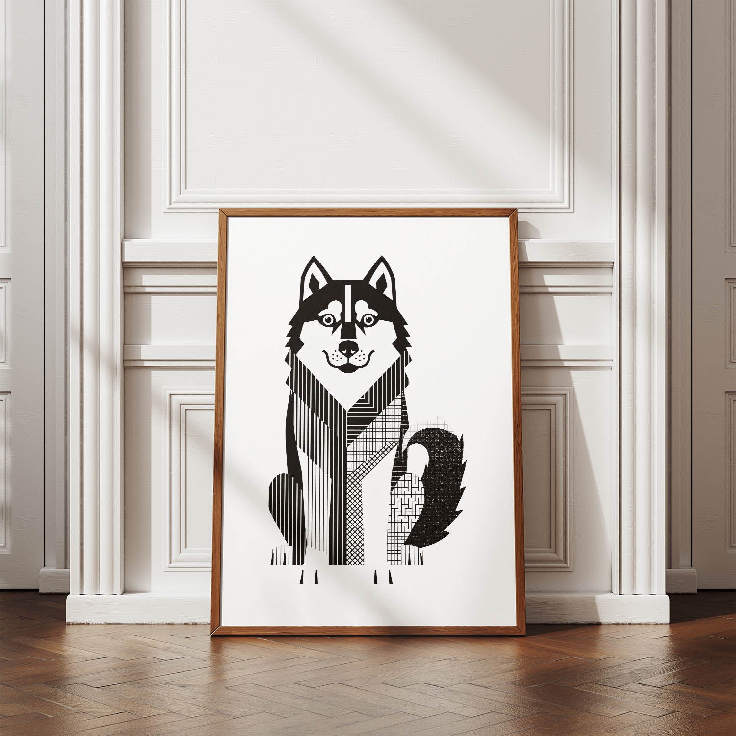 Alaskan Malamute Geometric Line Art Print - Framed Mockup