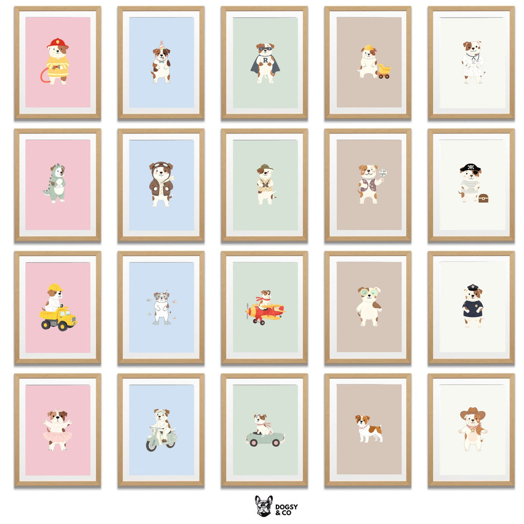 American Bulldog Kids Nursery Wall Art Print Bundle — 22 Dog Costume Designs, 5 Colours, 6 Print Sizes | Digital Download