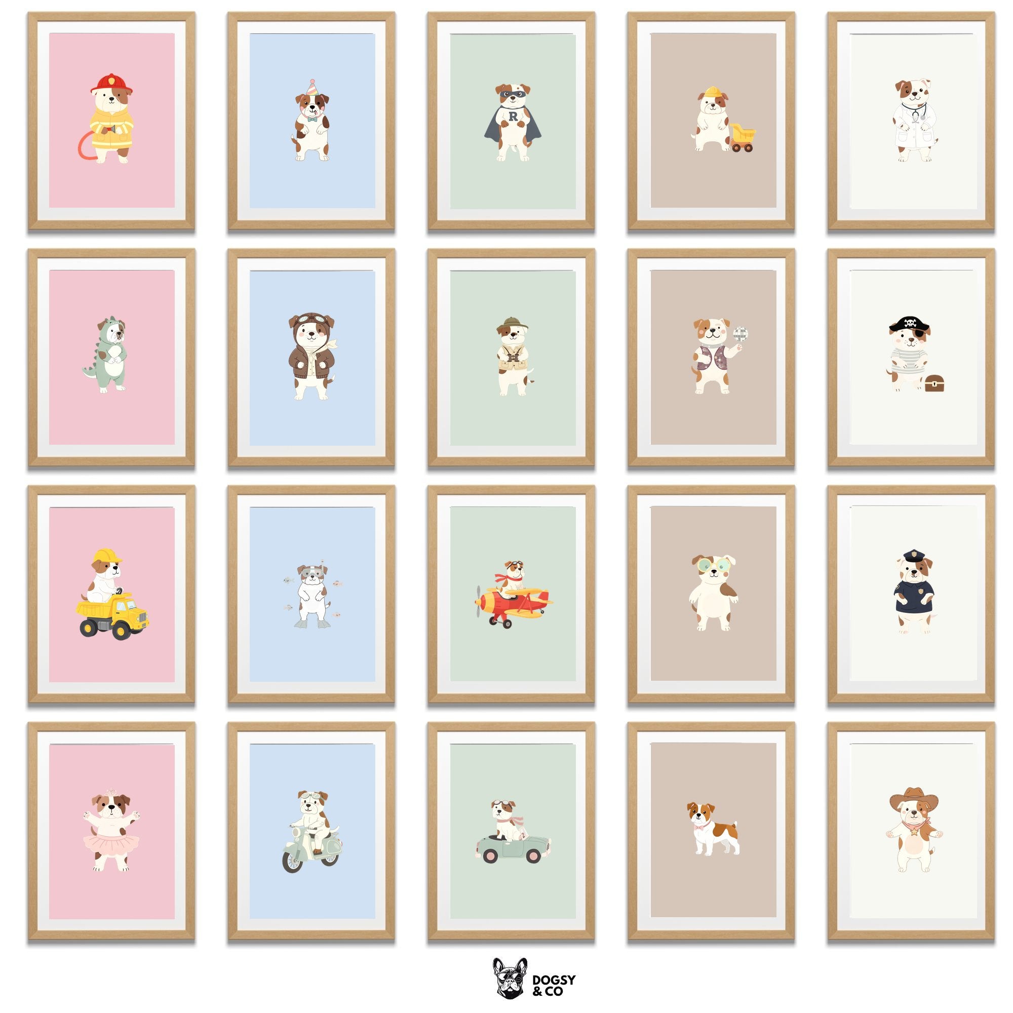 American Bulldog Kids Nursery Wall Art Print Bundle — 22 Dog Costume Designs, 5 Colours, 6 Print Sizes | Digital Download