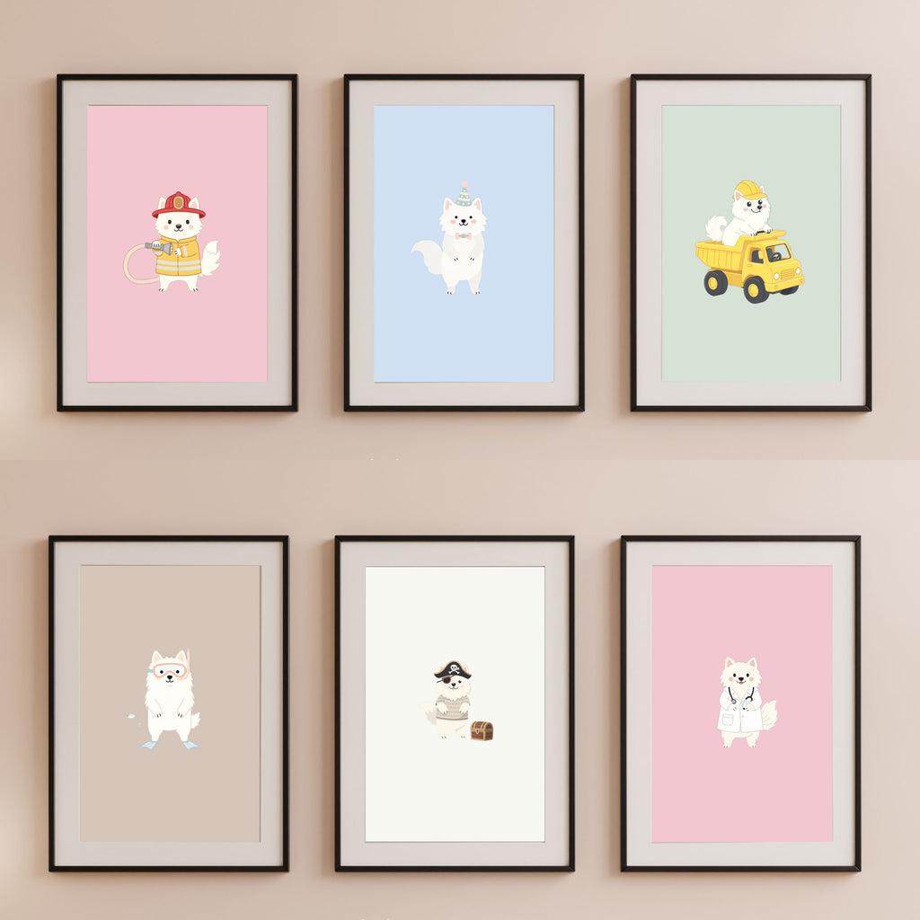 American Eskimo Dog Kids Nursery Wall Art Print Bundle — 22 Dog Costume Designs, 5 Colours, 6 Print Sizes | Digital Download