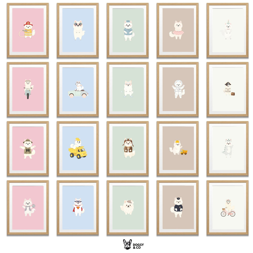 American Eskimo Dog Kids Nursery Wall Art Print Bundle — 22 Dog Costume Designs, 5 Colours, 6 Print Sizes | Digital Download