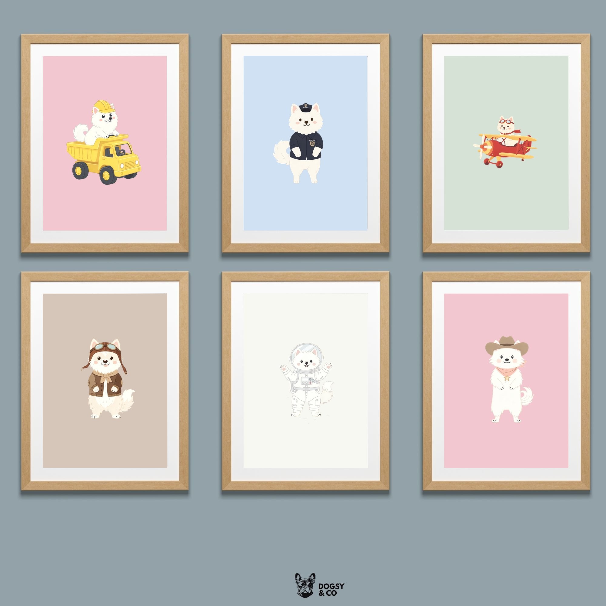 American Eskimo Dog Kids Nursery Wall Art Print Bundle — 22 Dog Costume Designs, 5 Colours, 6 Print Sizes | Digital Download