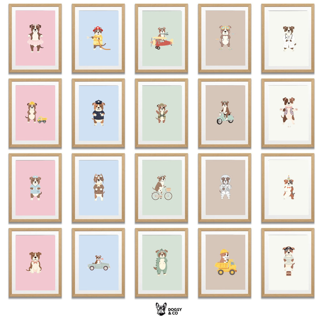 American Pitbull Terrier Kids Nursery Wall Art Print Bundle — 22 Dog Costume Designs, 5 Colours, 6 Print Sizes | Digital Download