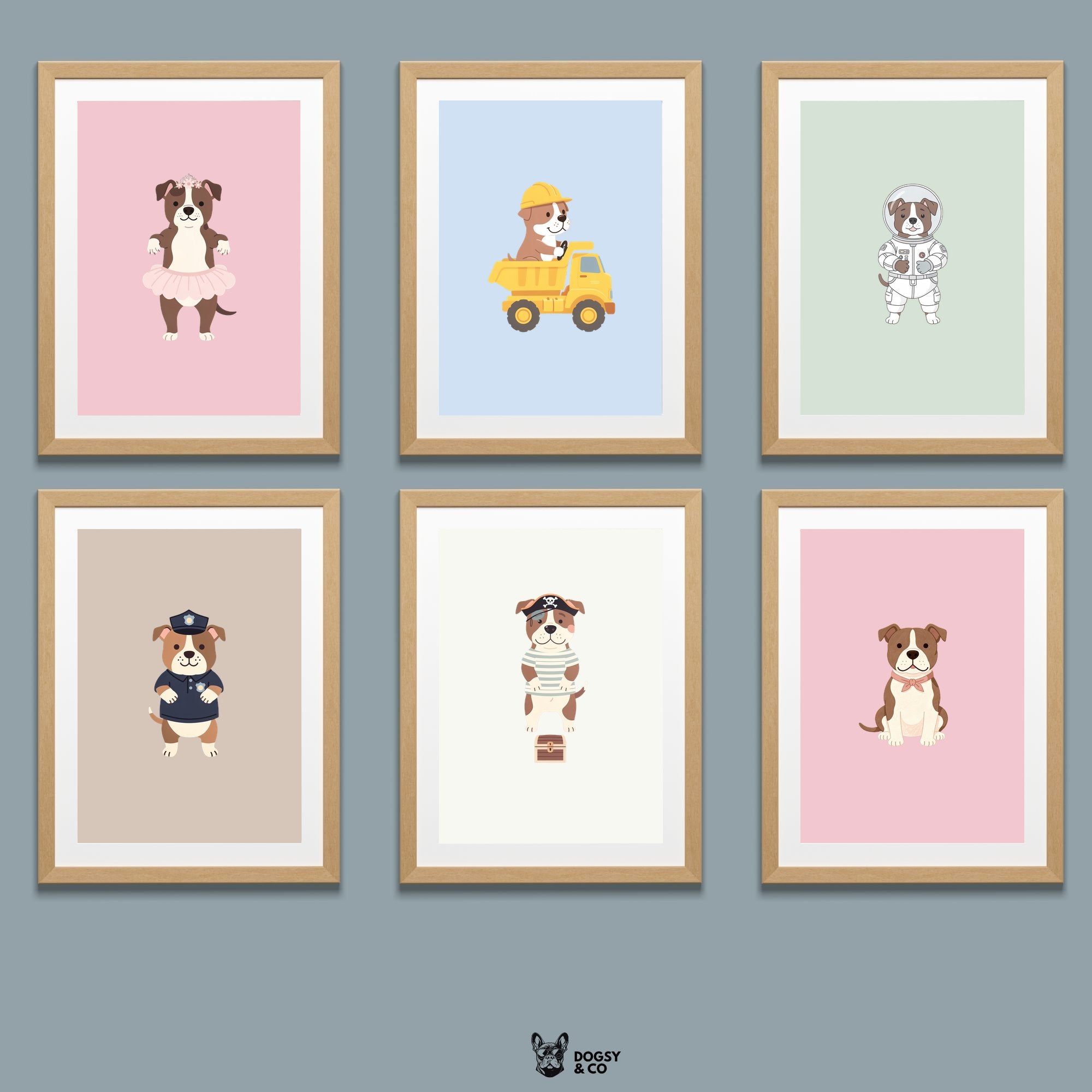 American Pitbull Terrier Kids Nursery Wall Art Print Bundle — 22 Dog Costume Designs, 5 Colours, 6 Print Sizes | Digital Download