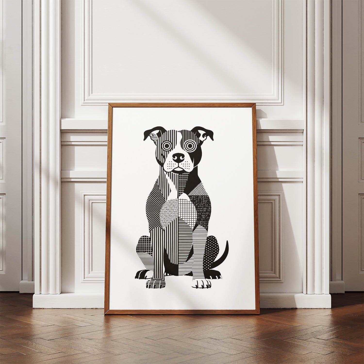 American Pitbull Terrier Geometric Line Art Print - Framed Mockup