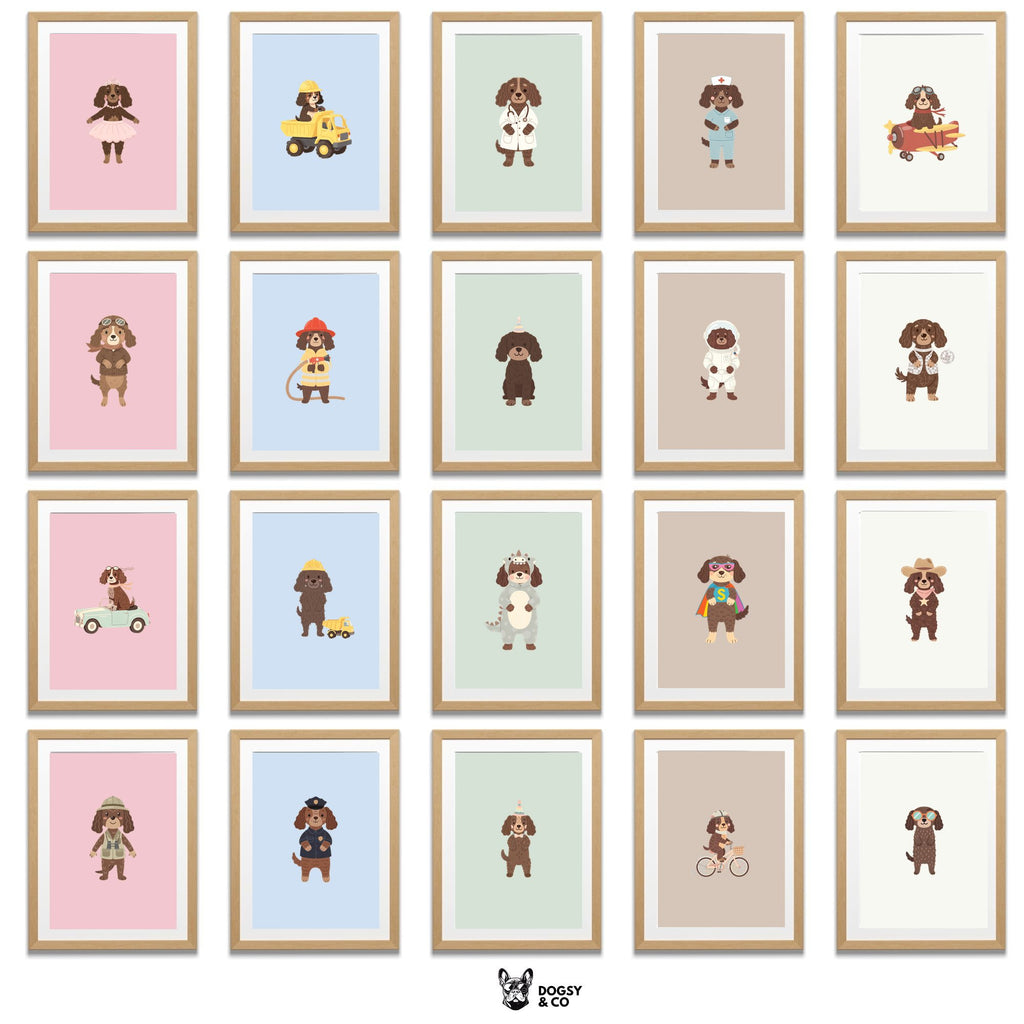 American Water Spaniel Kids Nursery Wall Art Print Bundle — 22 Dog Costume Designs, 5 Colours, 6 Print Sizes | Digital Download