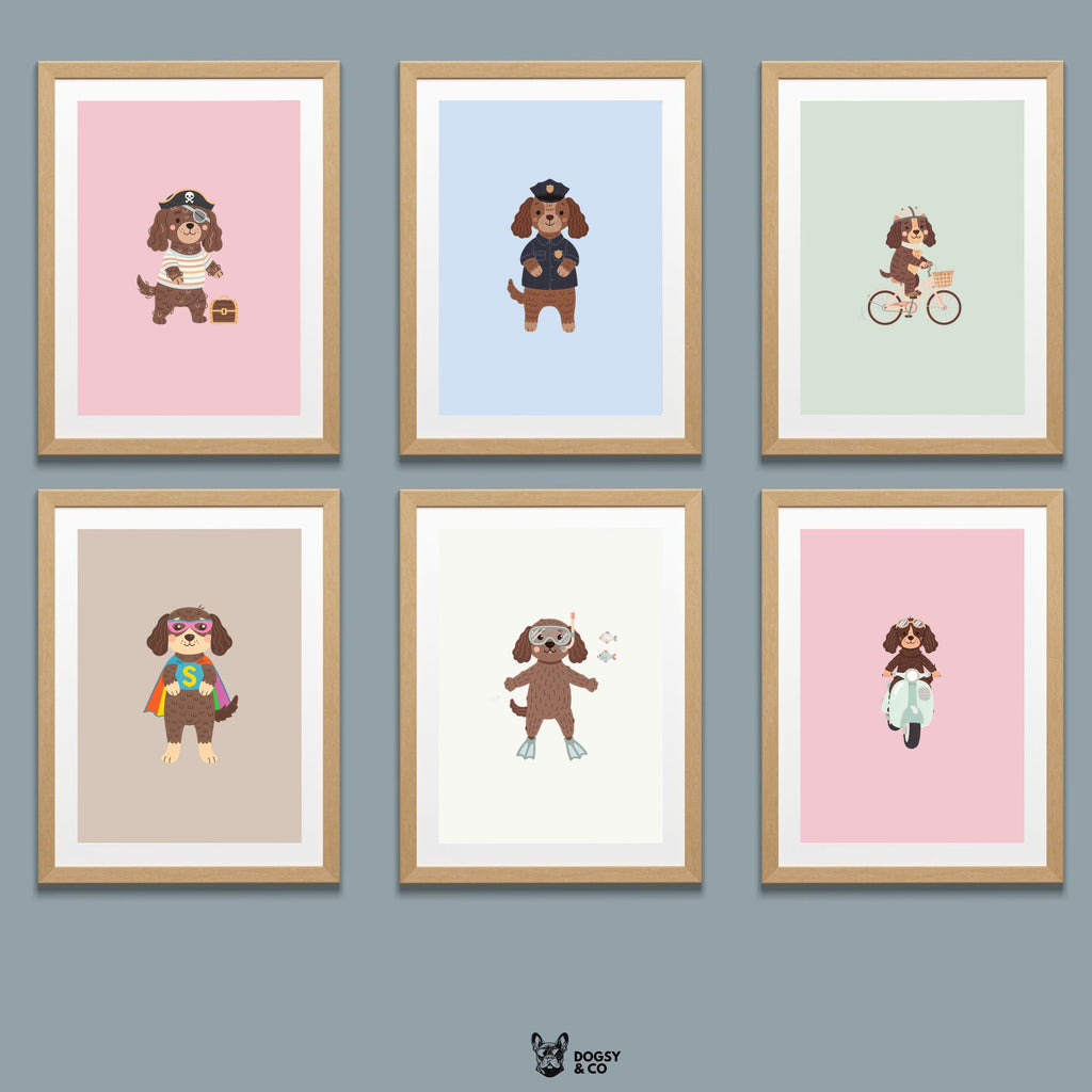 American Water Spaniel Kids Nursery Wall Art Print Bundle — 22 Dog Costume Designs, 5 Colours, 6 Print Sizes | Digital Download