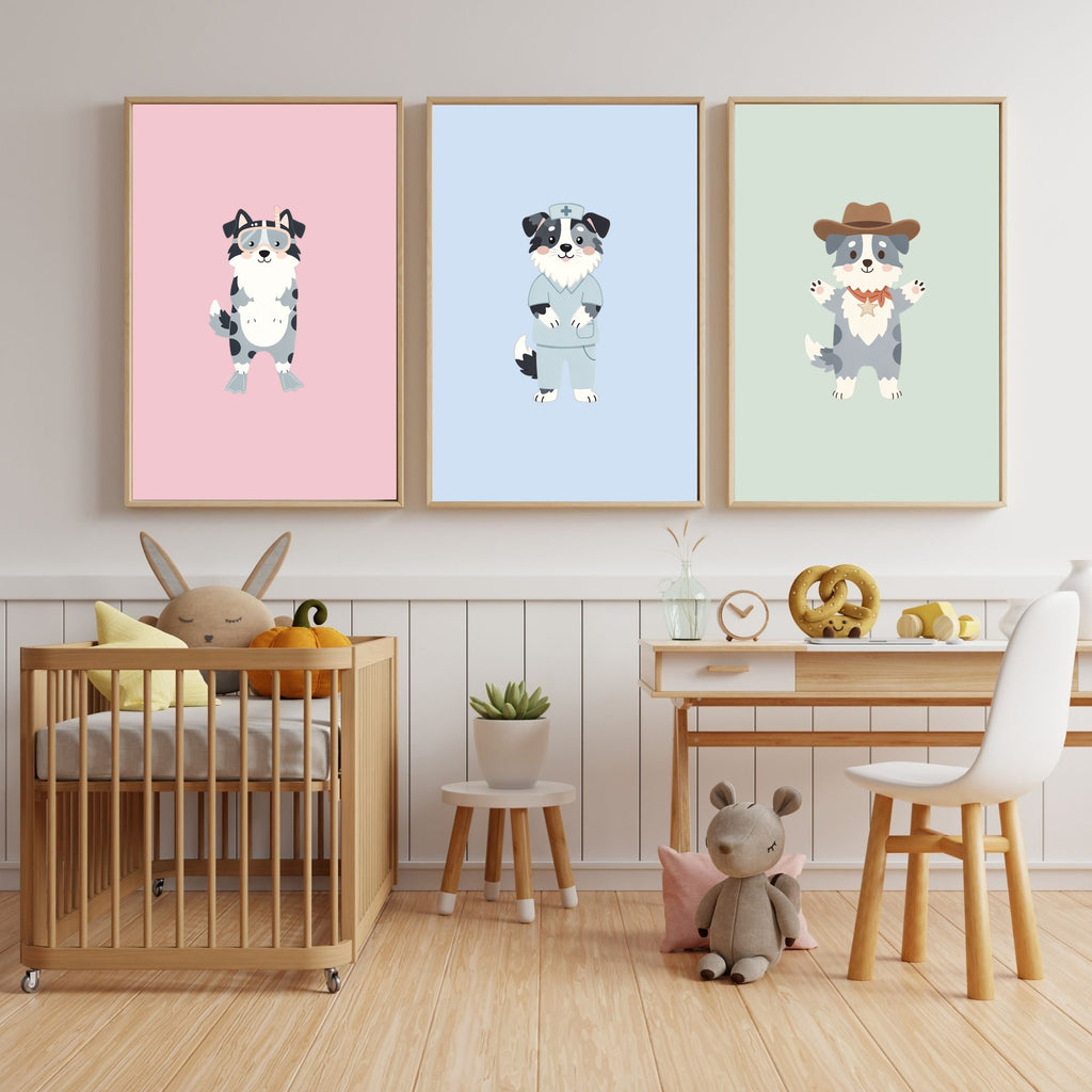 Australian Shepherd Kids Nursery Wall Art Print Bundle — 22 Dog Costume Designs, 5 Colours, 6 Print Sizes | Digital Download