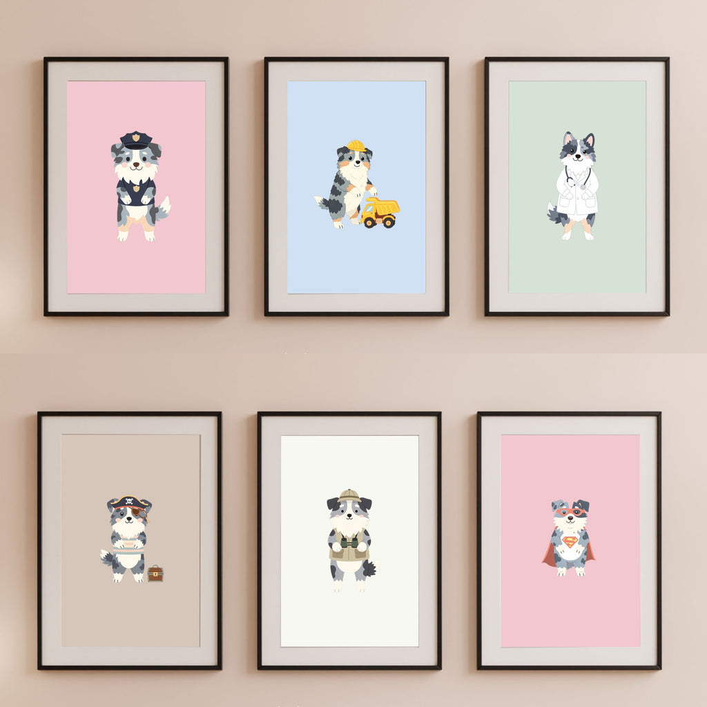 Australian Shepherd Kids Nursery Wall Art Print Bundle — 22 Dog Costume Designs, 5 Colours, 6 Print Sizes | Digital Download