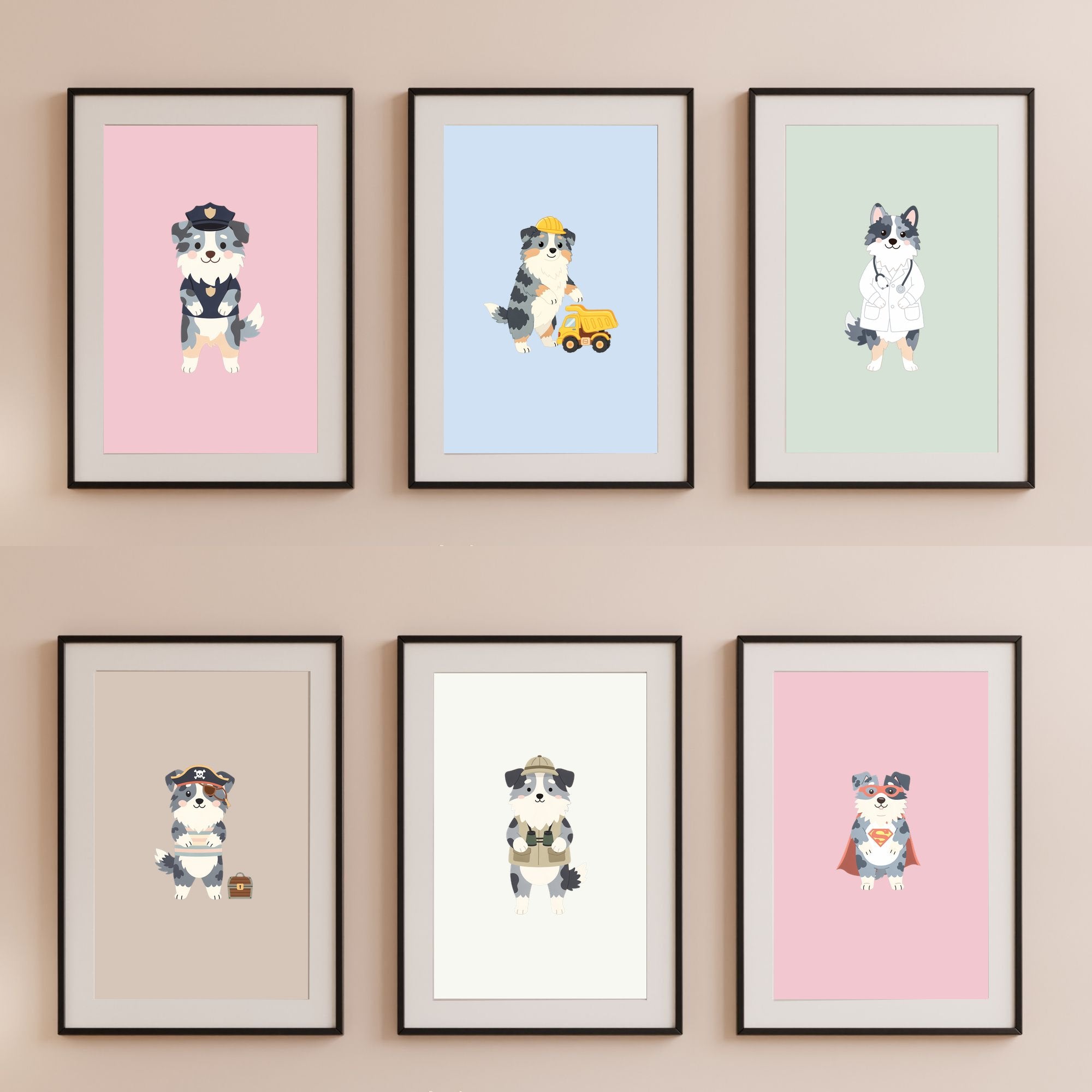 Australian Shepherd Kids Nursery Wall Art Print Bundle — 22 Dog Costume Designs, 5 Colours, 6 Print Sizes | Digital Download