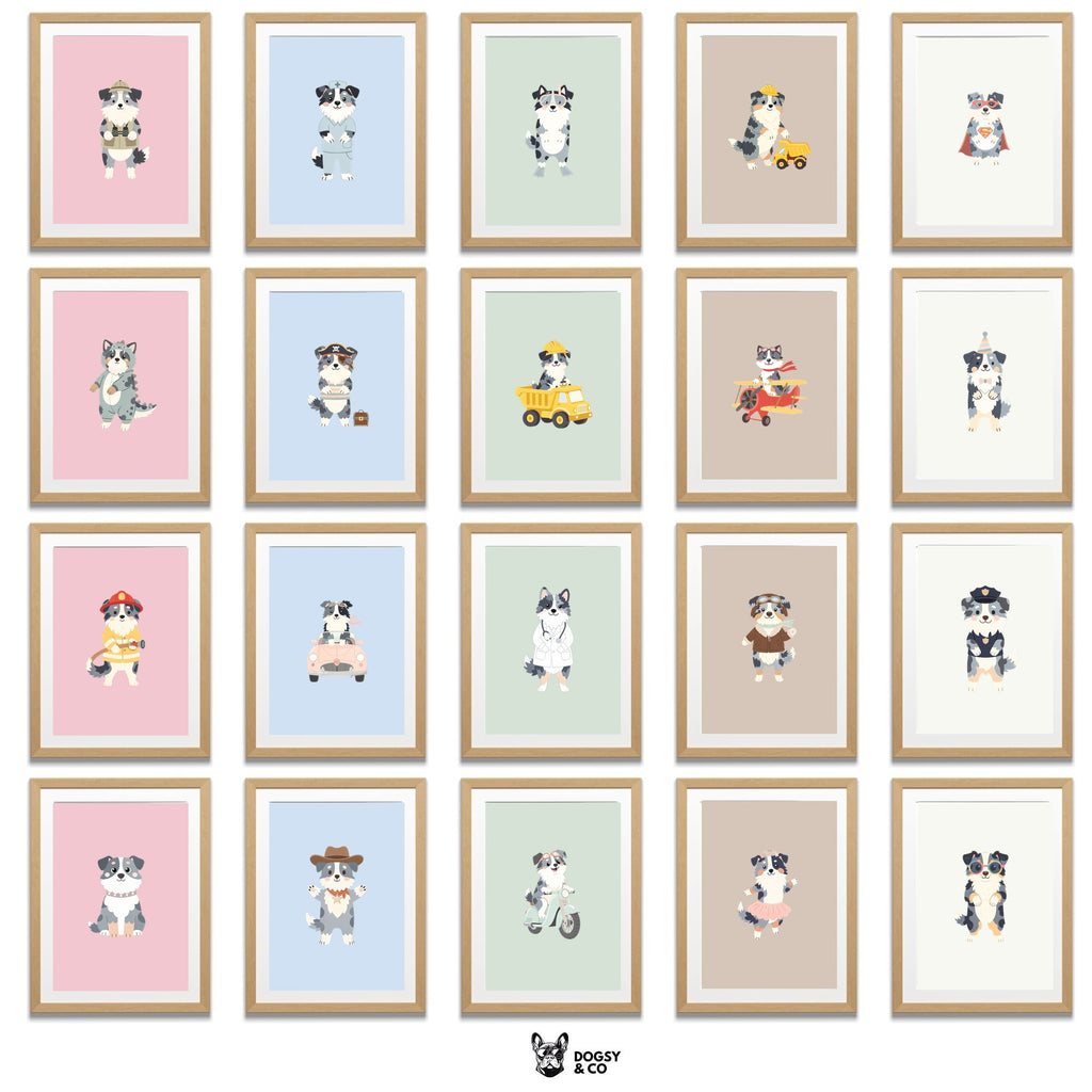 Australian Shepherd Kids Nursery Wall Art Print Bundle — 22 Dog Costume Designs, 5 Colours, 6 Print Sizes | Digital Download