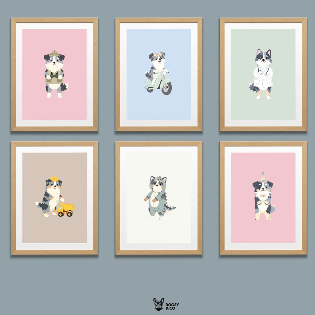 Australian Shepherd Kids Nursery Wall Art Print Bundle — 22 Dog Costume Designs, 5 Colours, 6 Print Sizes | Digital Download