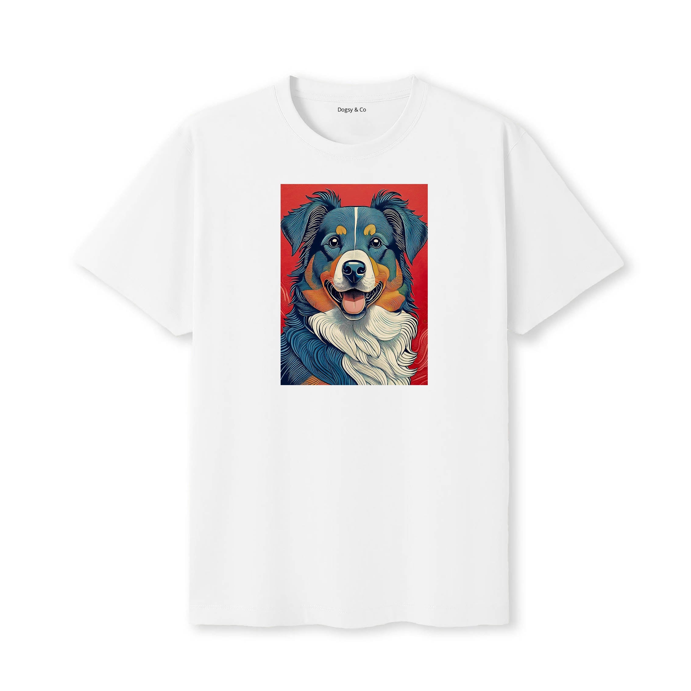 Australian Shepherd Hokusai Dog Portrait T-Shirt V1 White