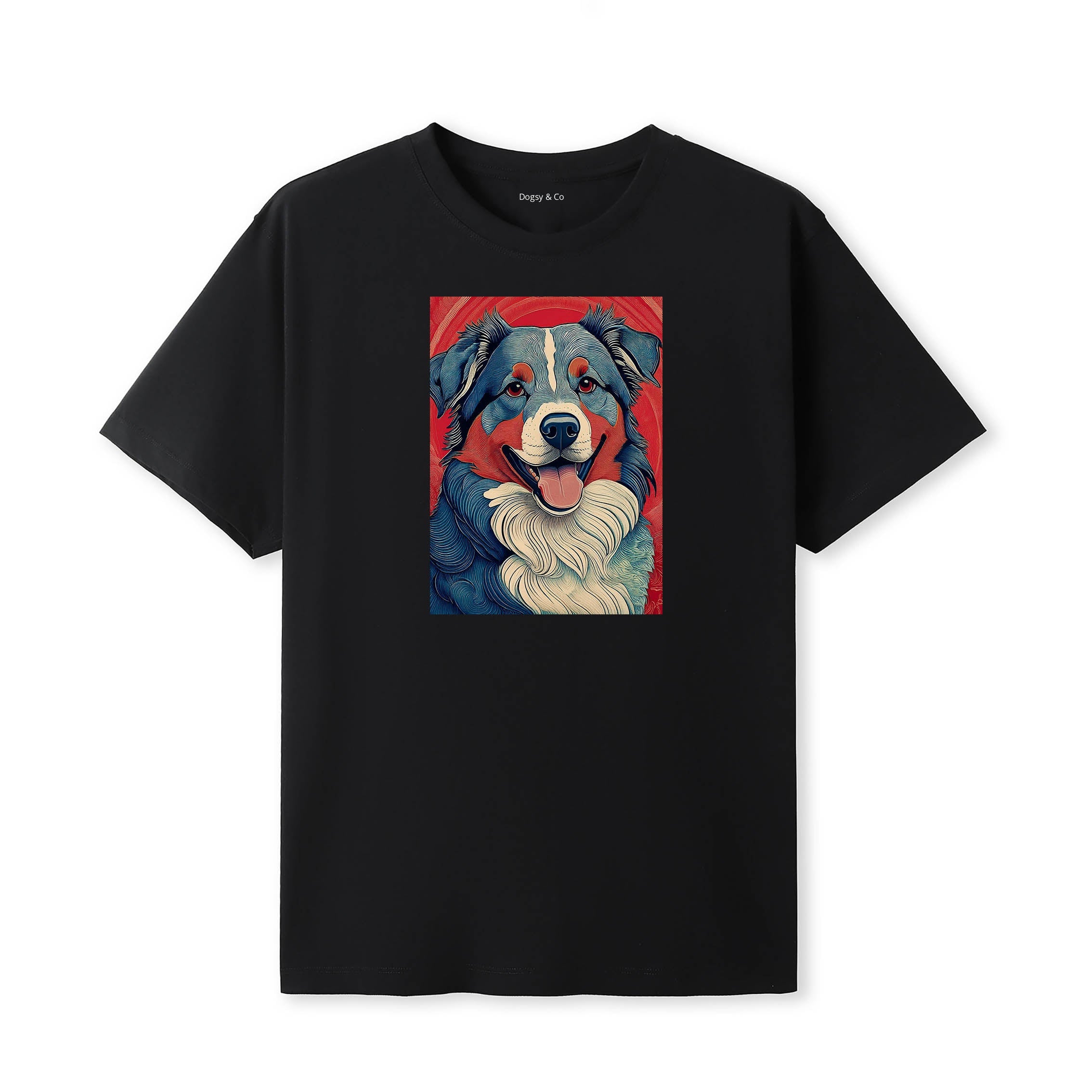 Australian Shepherd Hokusai Dog Portrait T-Shirt Black