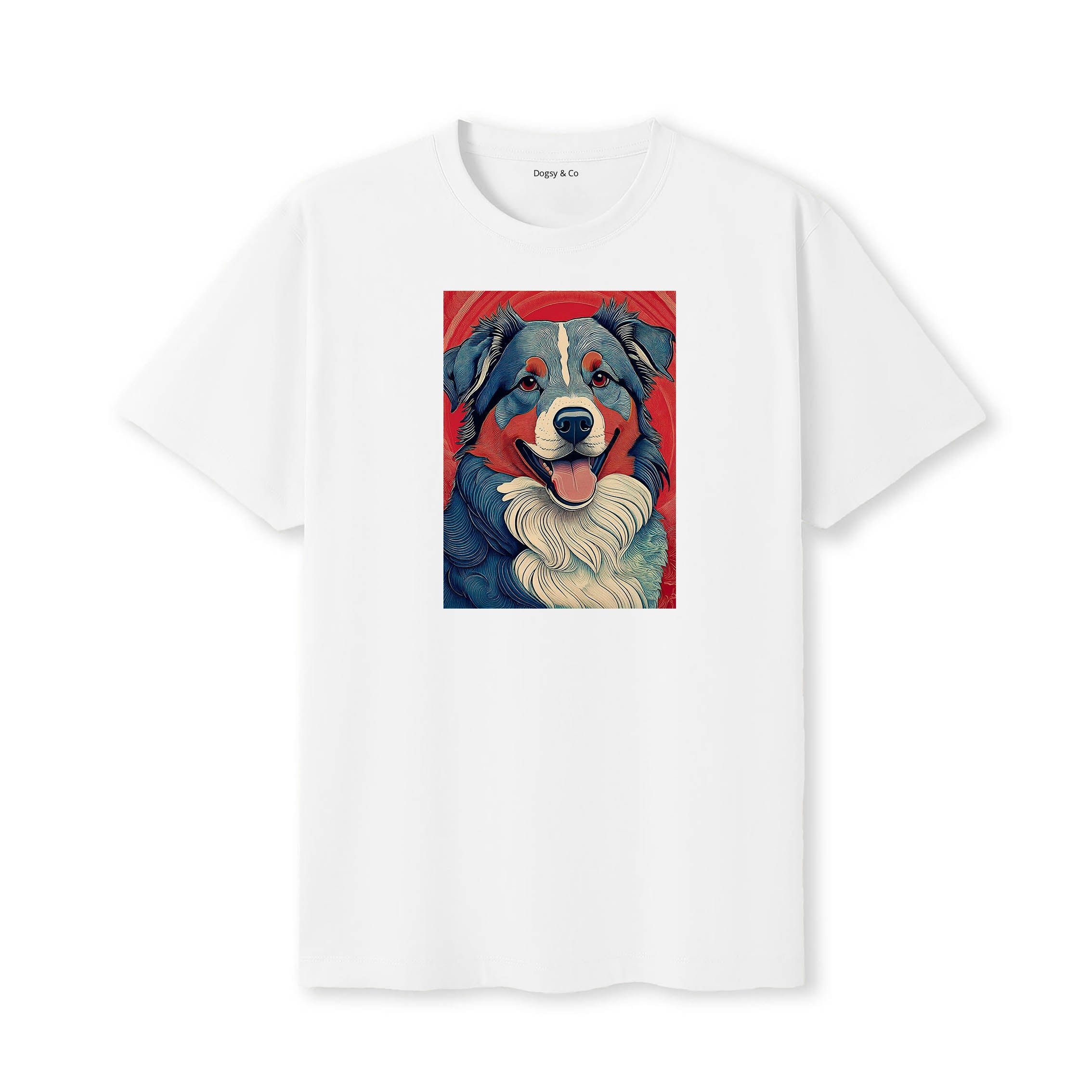 Australian Shepherd Hokusai Dog Portrait T-Shirt White