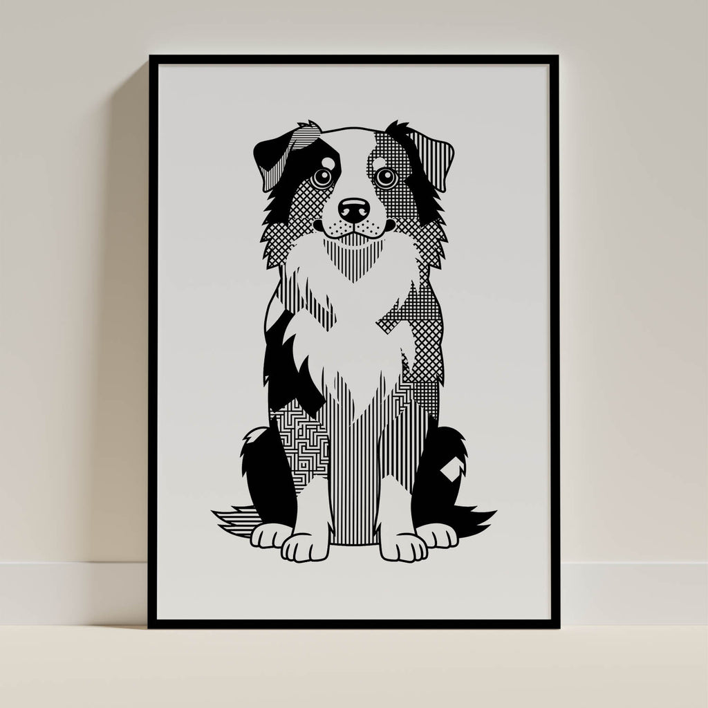 Australian Shepherd Geometric Line Art Print - Framed Mockup