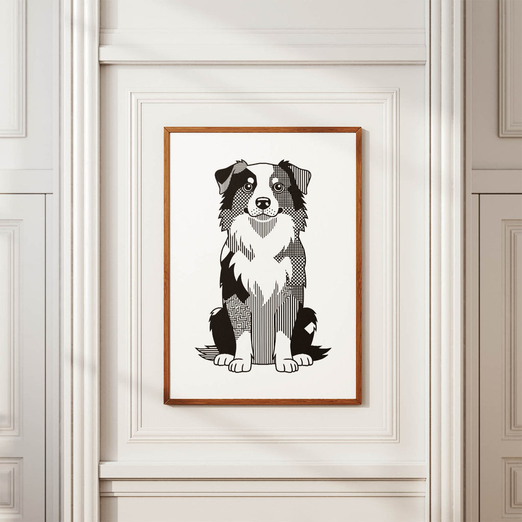 Australian Shepherd Geometric Line Art Print - Framed Mockup