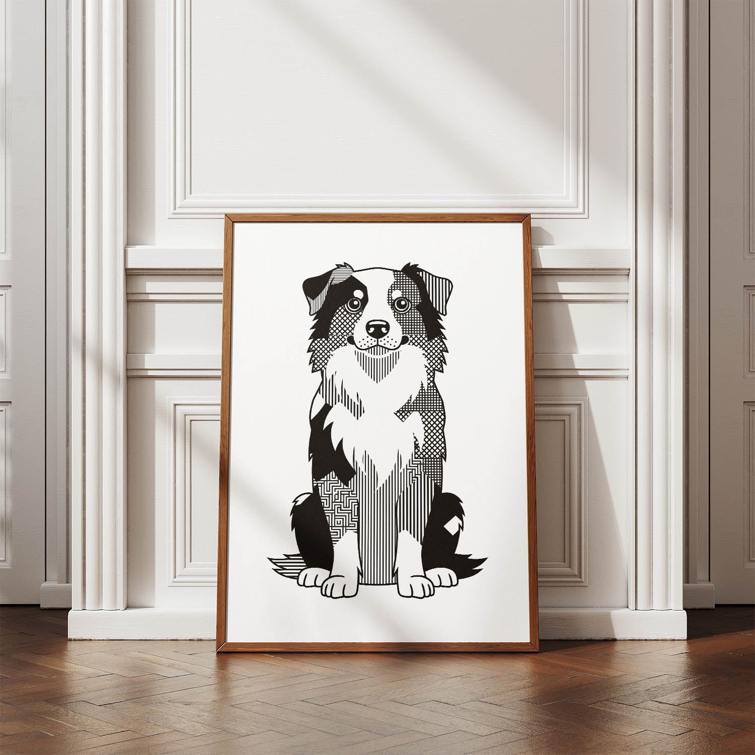 Australian Shepherd Geometric Line Art Print - Framed Mockup