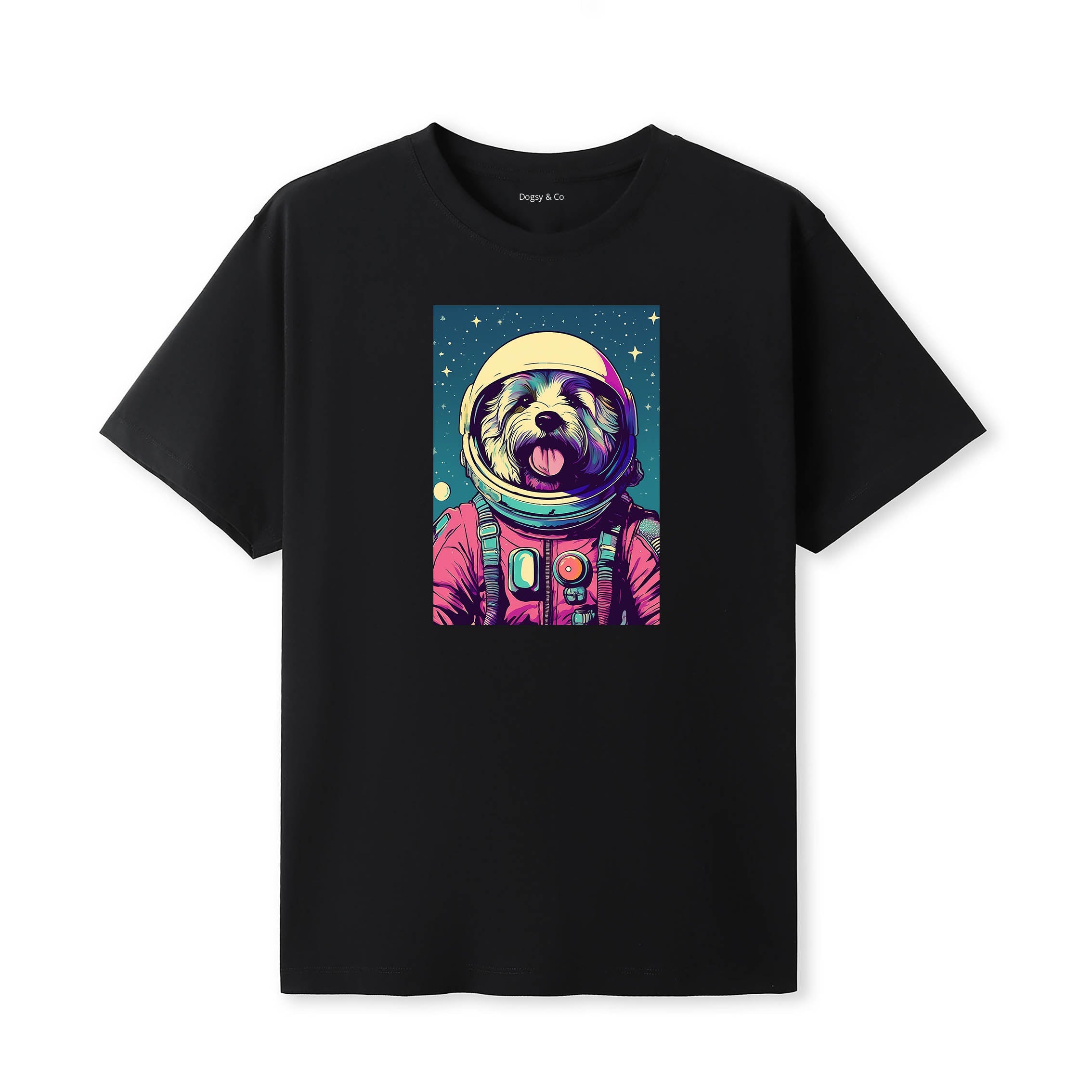 Australian Silky Terrier Space Dogs T-Shirt colourful astronaut dog artwork in a retro space design