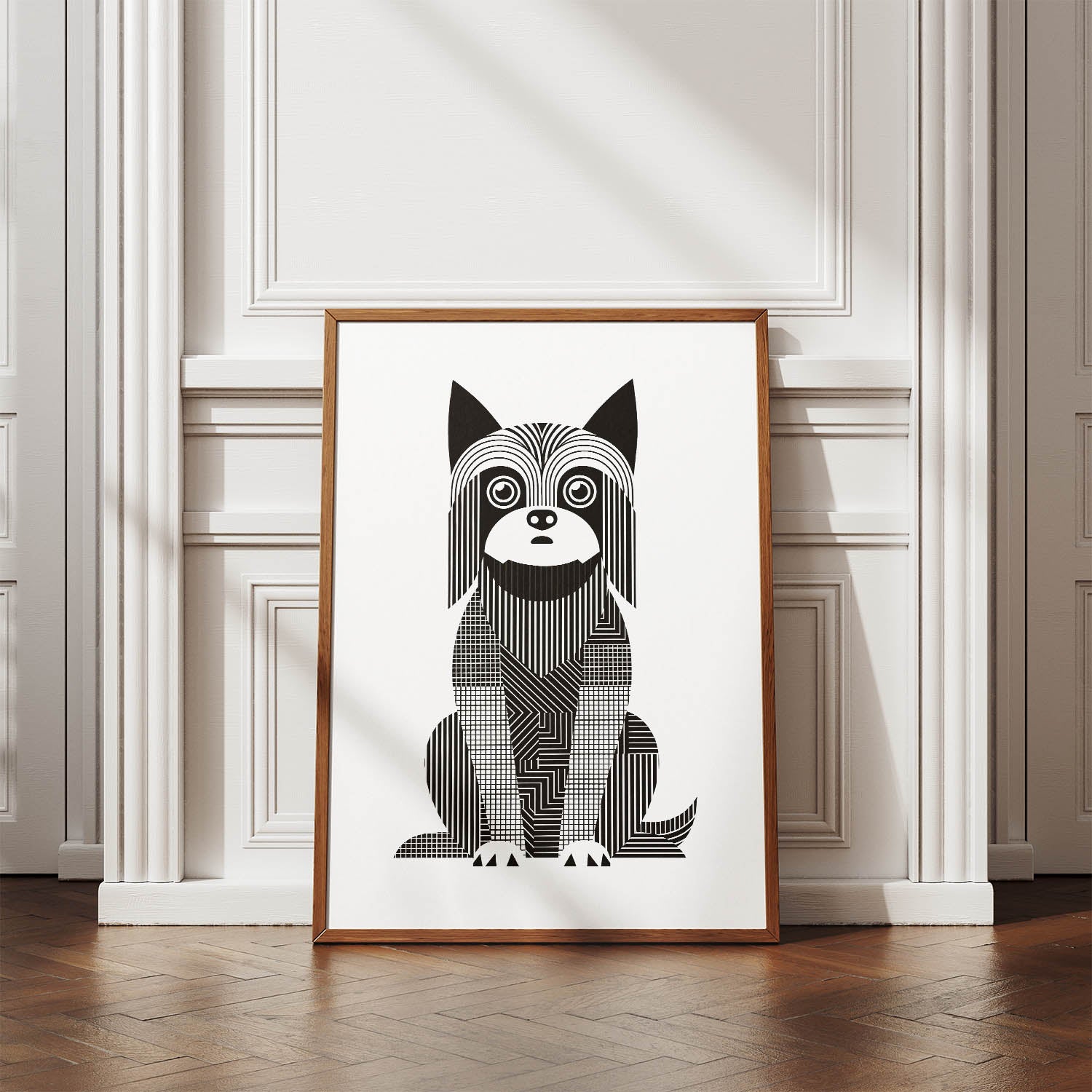 Australian Silky Terrier Geometric Line Art Print - Framed Mockup