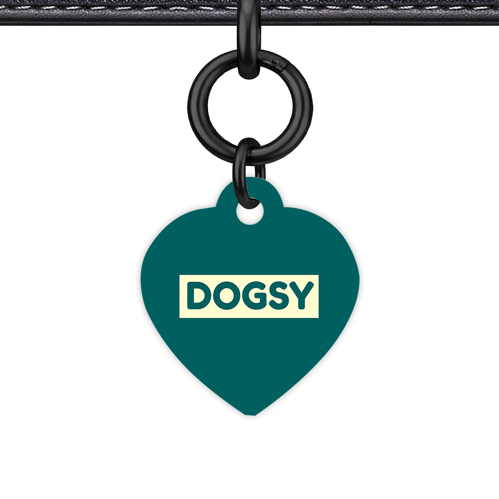Dark Teal & Cream Heart Shape Black Ring QR Smart Pet ID Tag