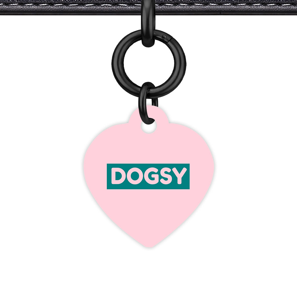 Pale Pink & Teal Heart Shape Black Ring QR Smart Pet ID Tag