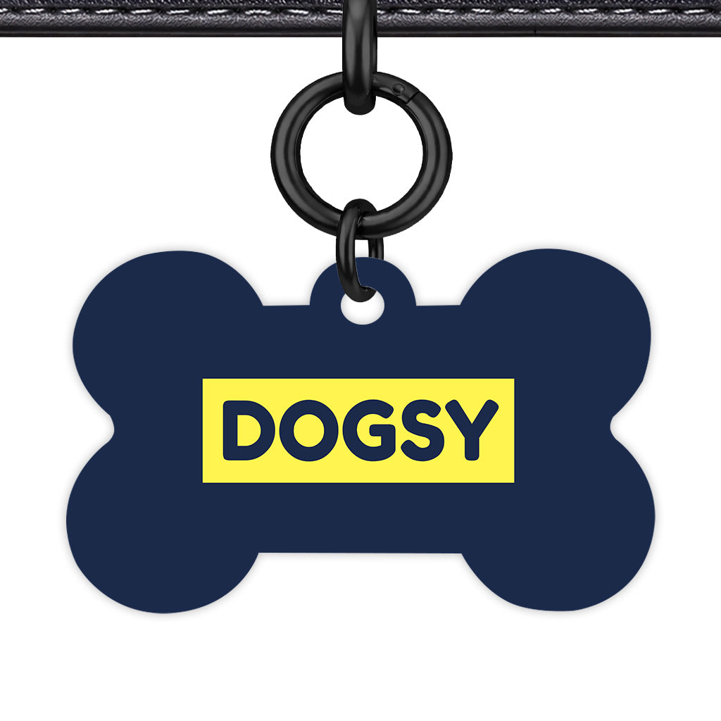 Navy & Lemon Yellow Bone Shape Black Ring Classic Pet ID Tag