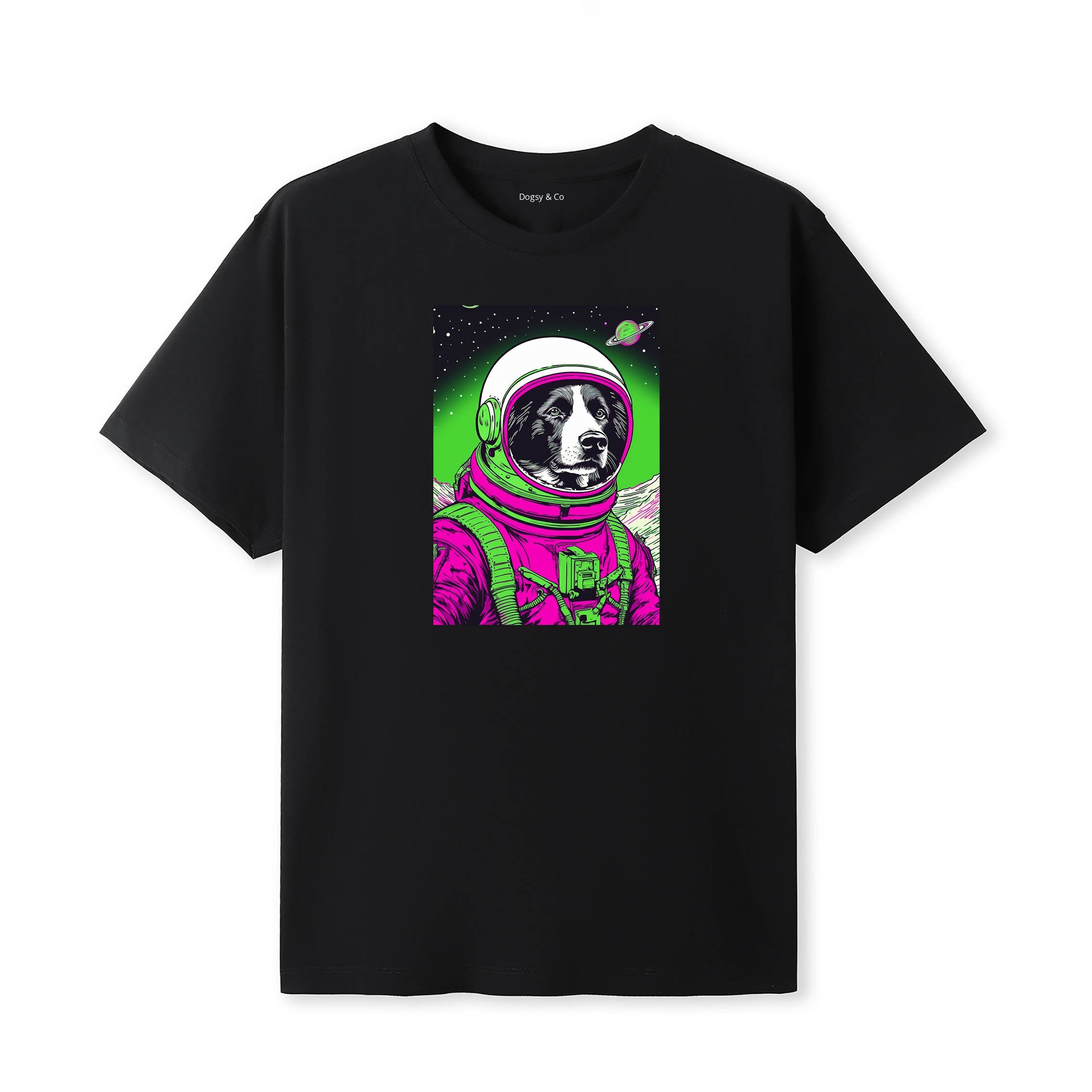 Border Collie Space Dogs T-Shirt colourful astronaut dog artwork in a retro space design