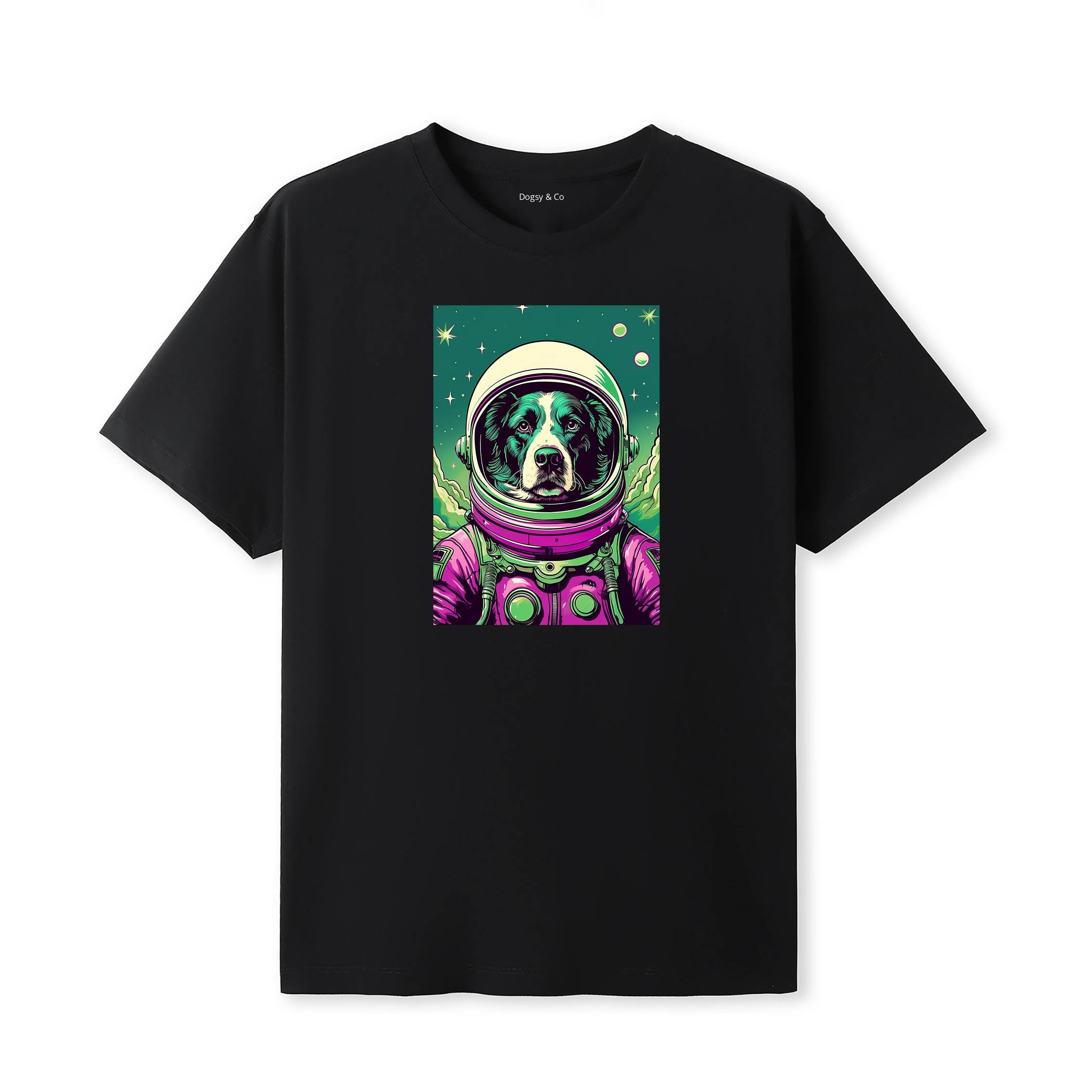 Border Collie Space Dogs T-Shirt V3 colourful astronaut dog artwork in a retro space design