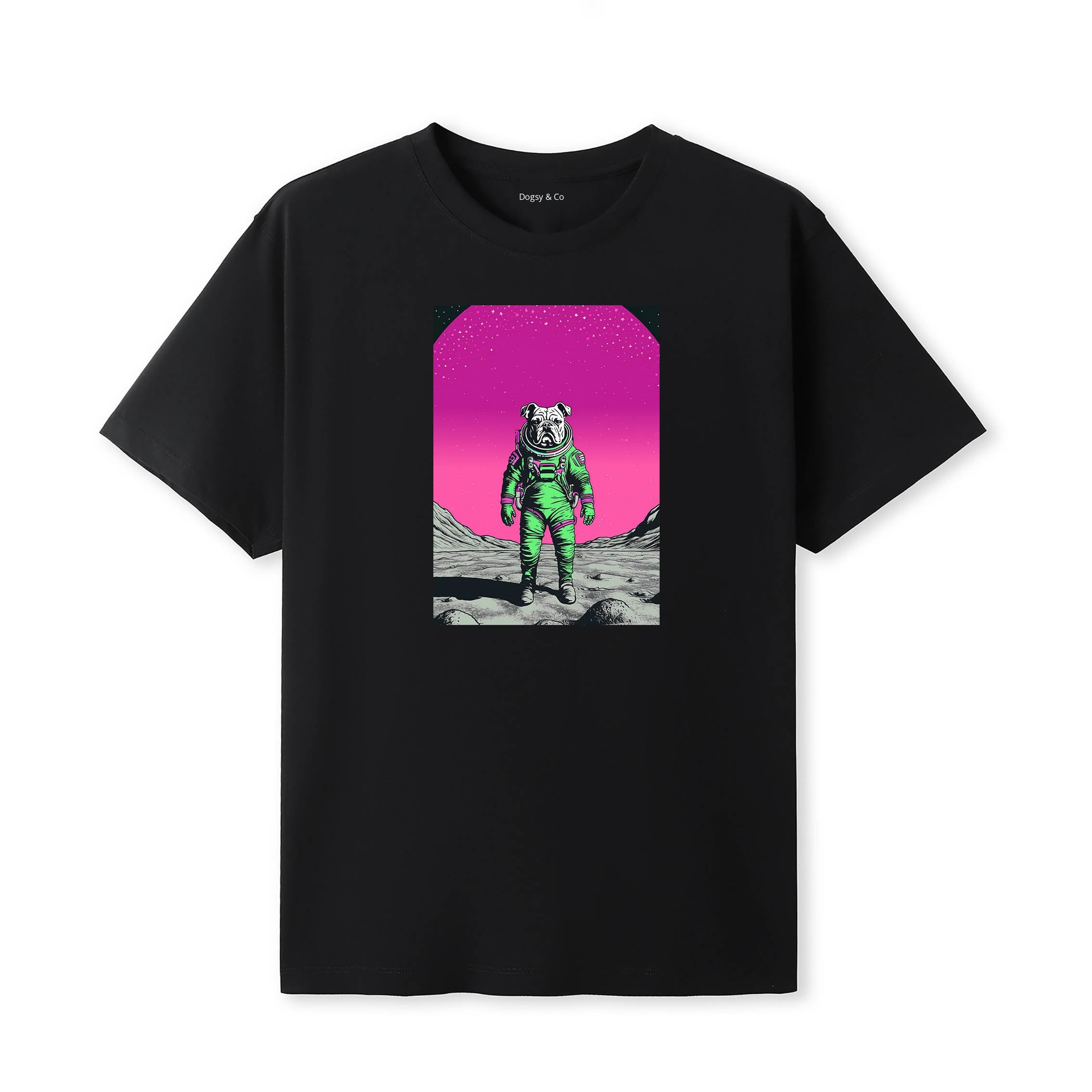 Bulldog Space Dogs T-Shirt colourful astronaut dog artwork in a retro space design