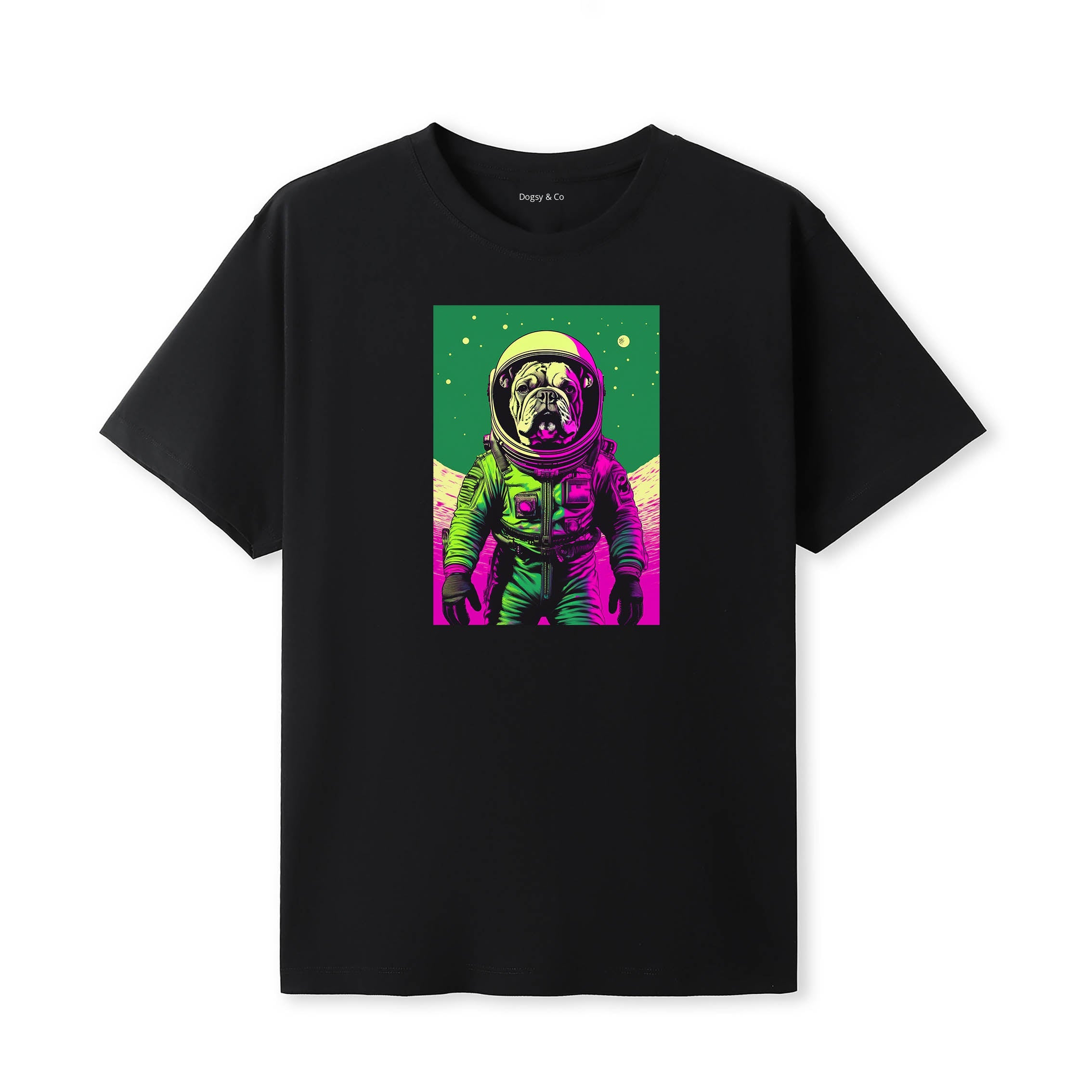 Bulldog Space Dogs T-Shirt V2 colourful astronaut dog artwork in a retro space design