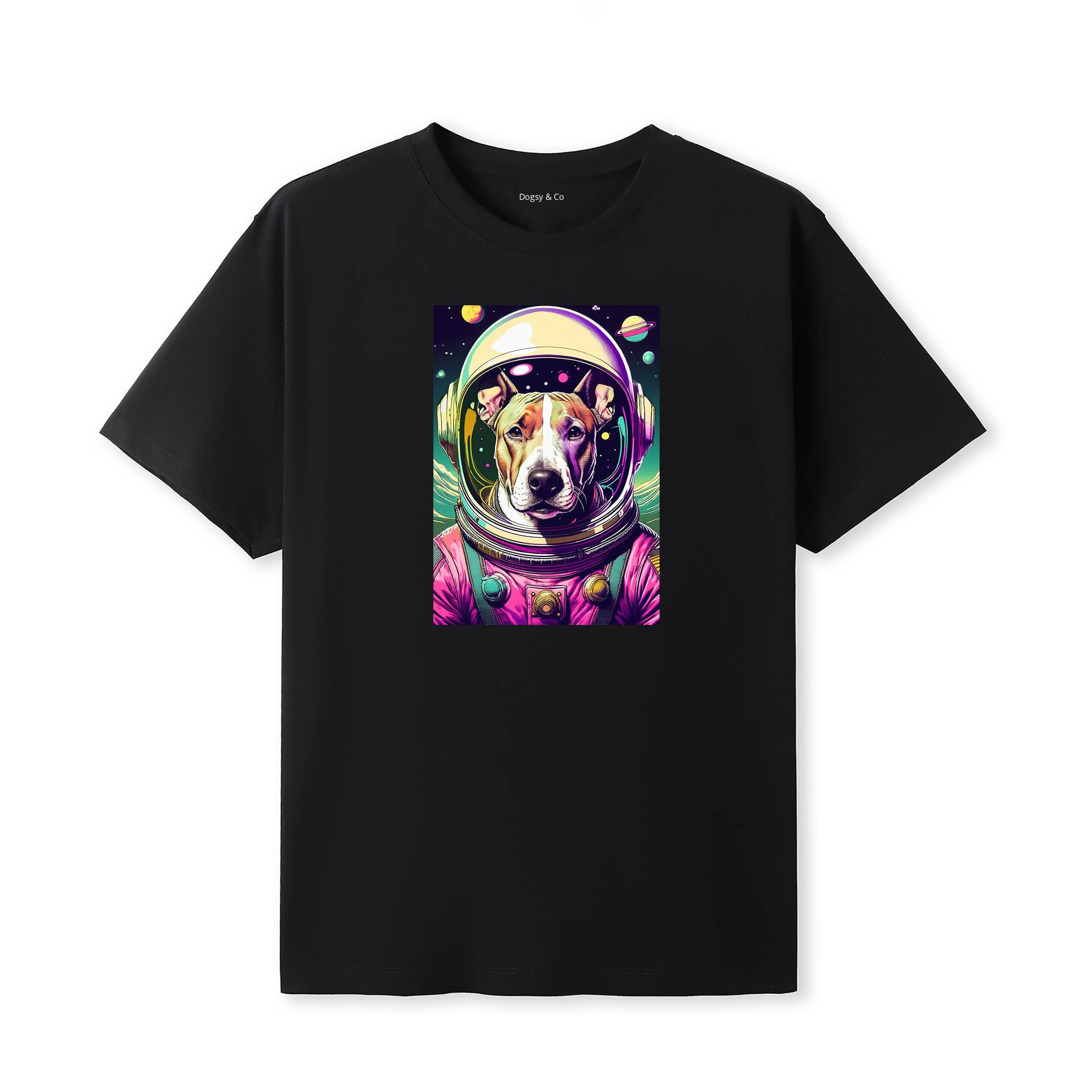 Bull Terrier Space Dogs T-Shirt colourful astronaut dog artwork in a retro space design