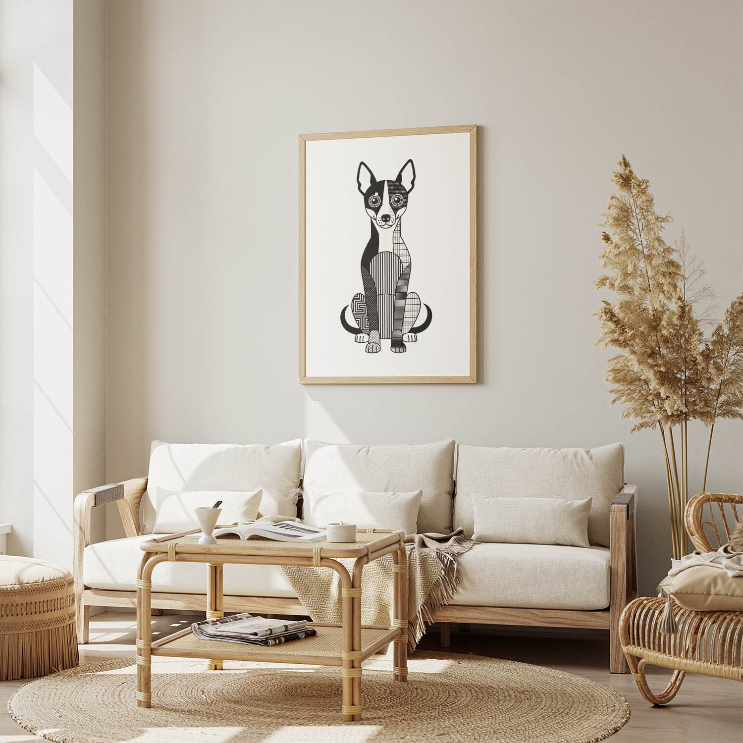 Basenji Geometric Line Art Print - Framed Mockup