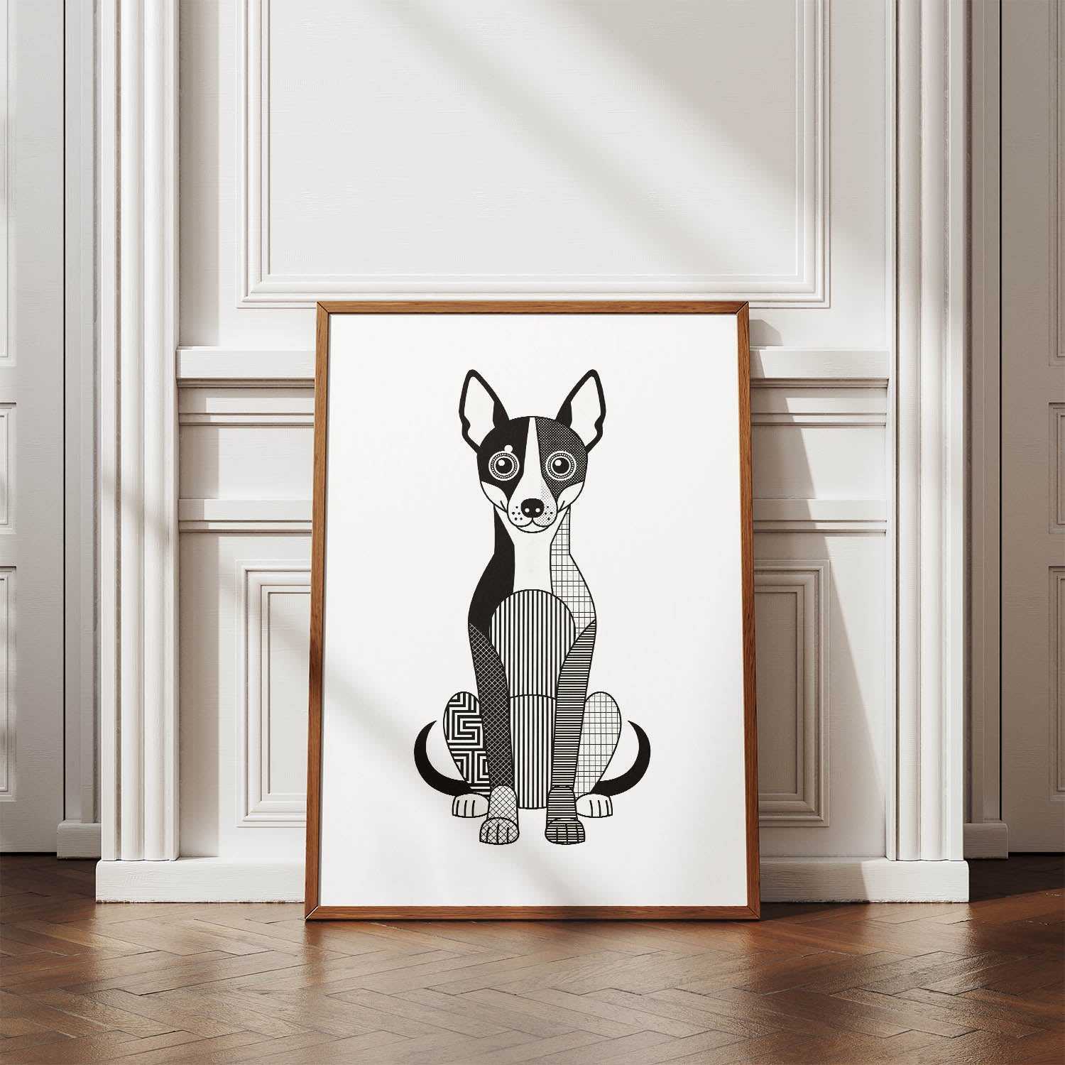 Basenji Geometric Line Art Print - Framed Mockup