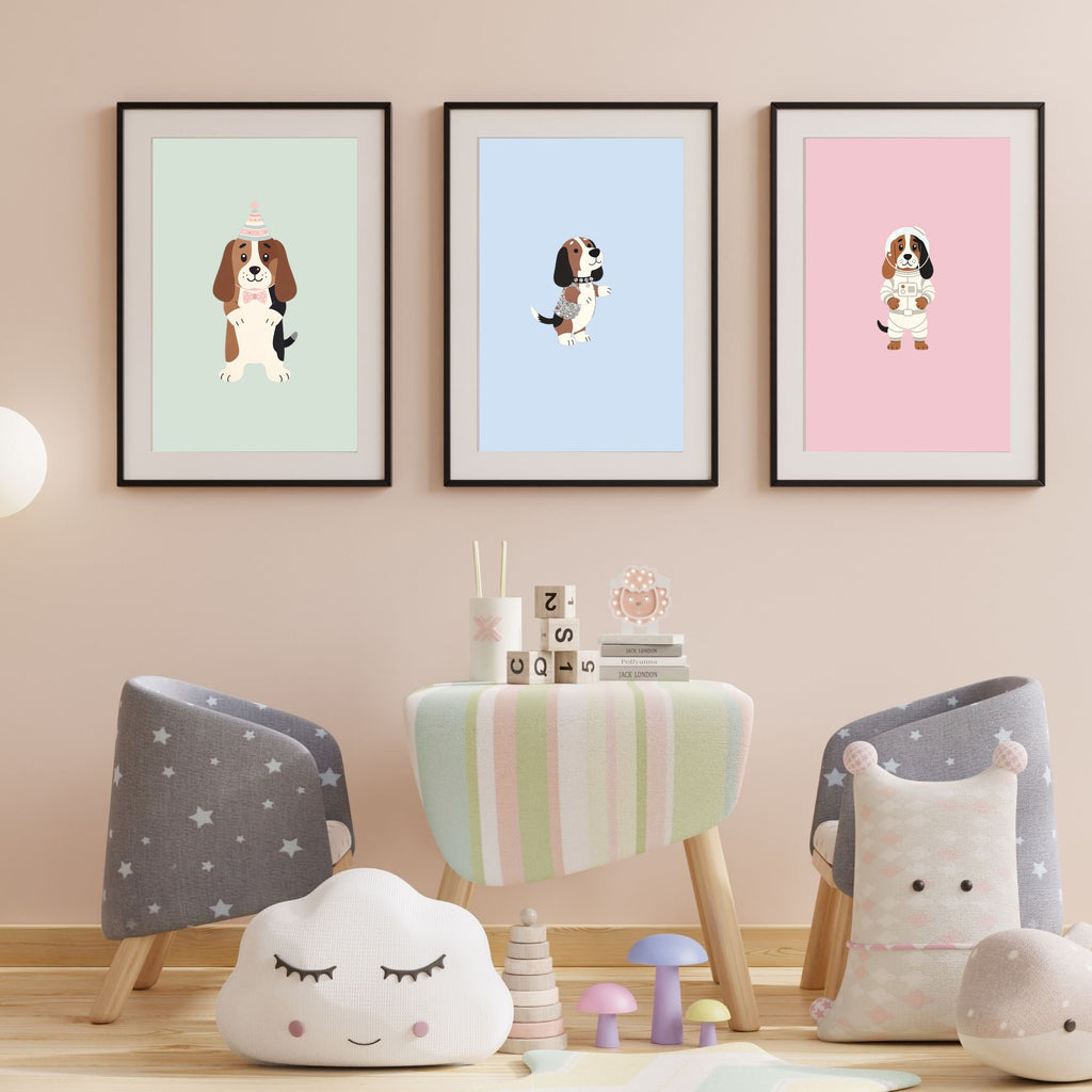 Basset Hound Kids Nursery Wall Art Print Bundle — 22 Dog Costume Designs, 5 Colours, 6 Print Sizes | Digital Download