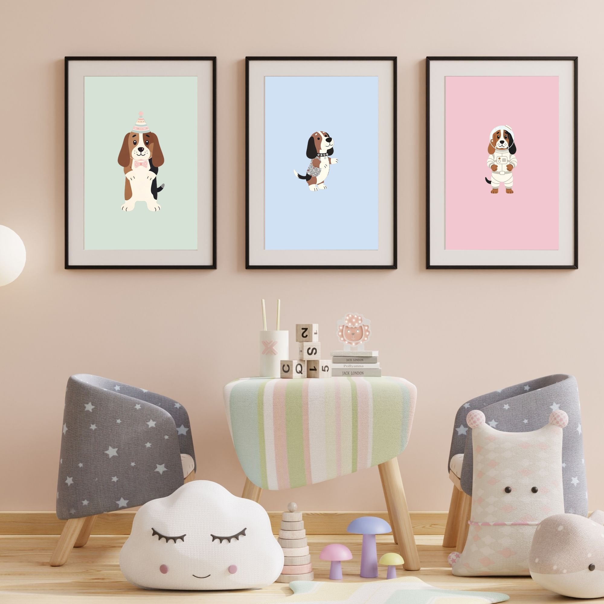 Basset Hound Kids Nursery Wall Art Print Bundle — 22 Dog Costume Designs, 5 Colours, 6 Print Sizes | Digital Download