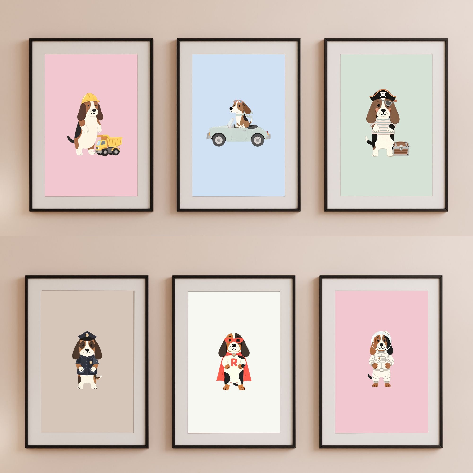Basset Hound Kids Nursery Wall Art Print Bundle — 22 Dog Costume Designs, 5 Colours, 6 Print Sizes | Digital Download