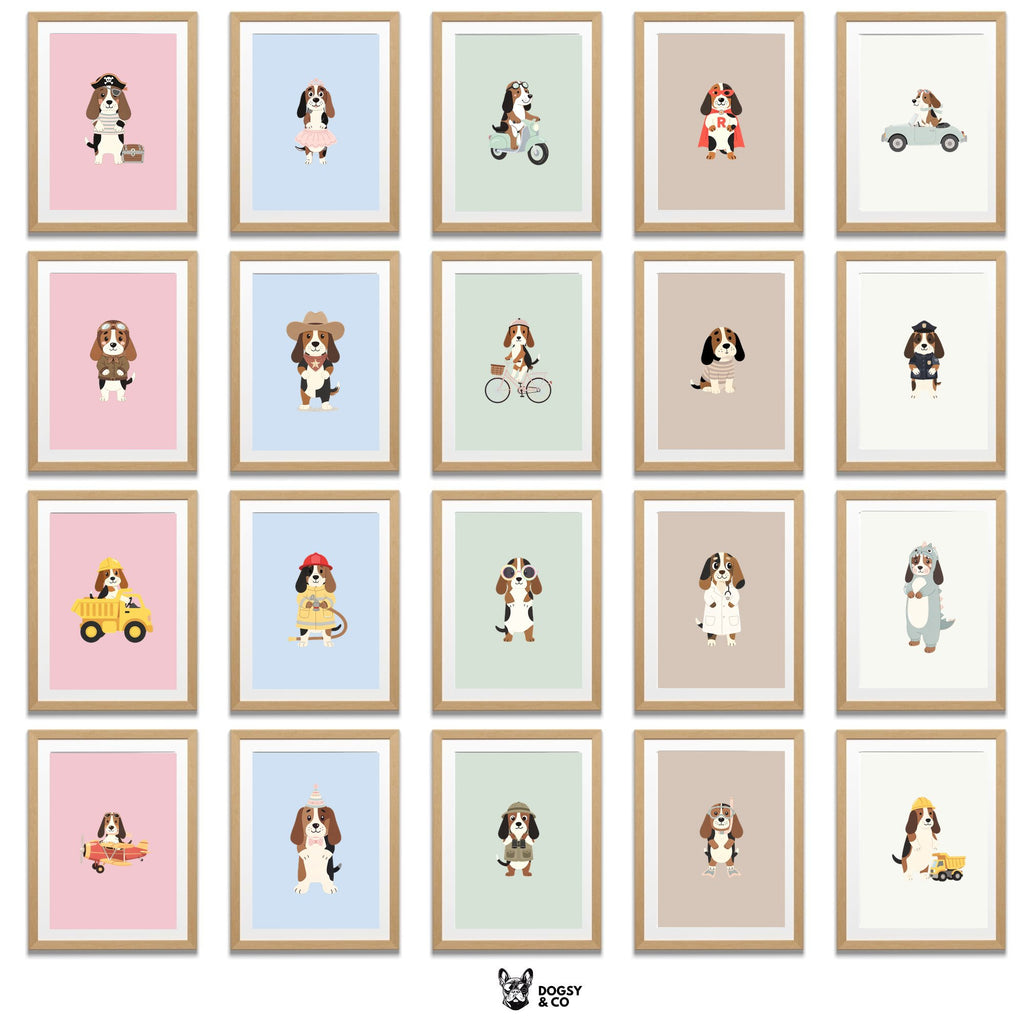 Basset Hound Kids Nursery Wall Art Print Bundle — 22 Dog Costume Designs, 5 Colours, 6 Print Sizes | Digital Download