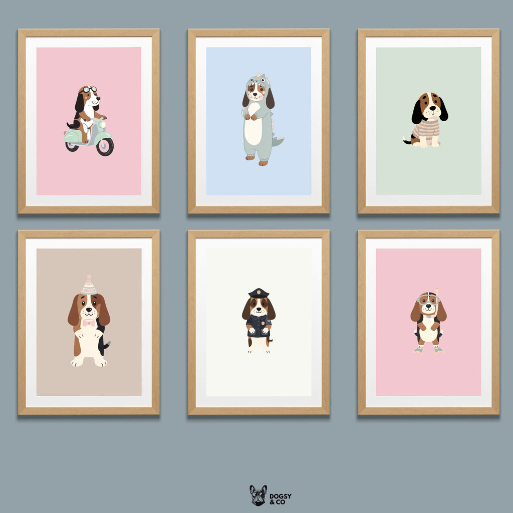 Basset Hound Kids Nursery Wall Art Print Bundle — 22 Dog Costume Designs, 5 Colours, 6 Print Sizes | Digital Download