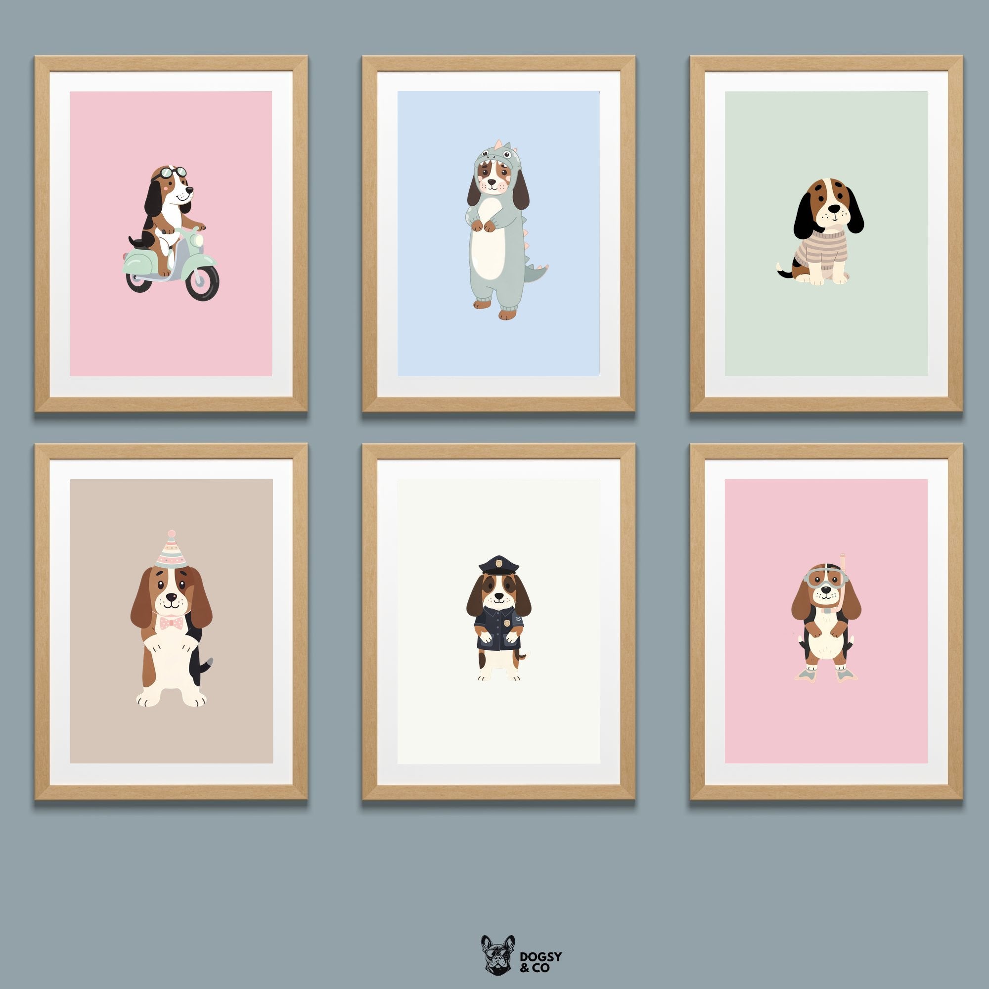 Basset Hound Kids Nursery Wall Art Print Bundle — 22 Dog Costume Designs, 5 Colours, 6 Print Sizes | Digital Download