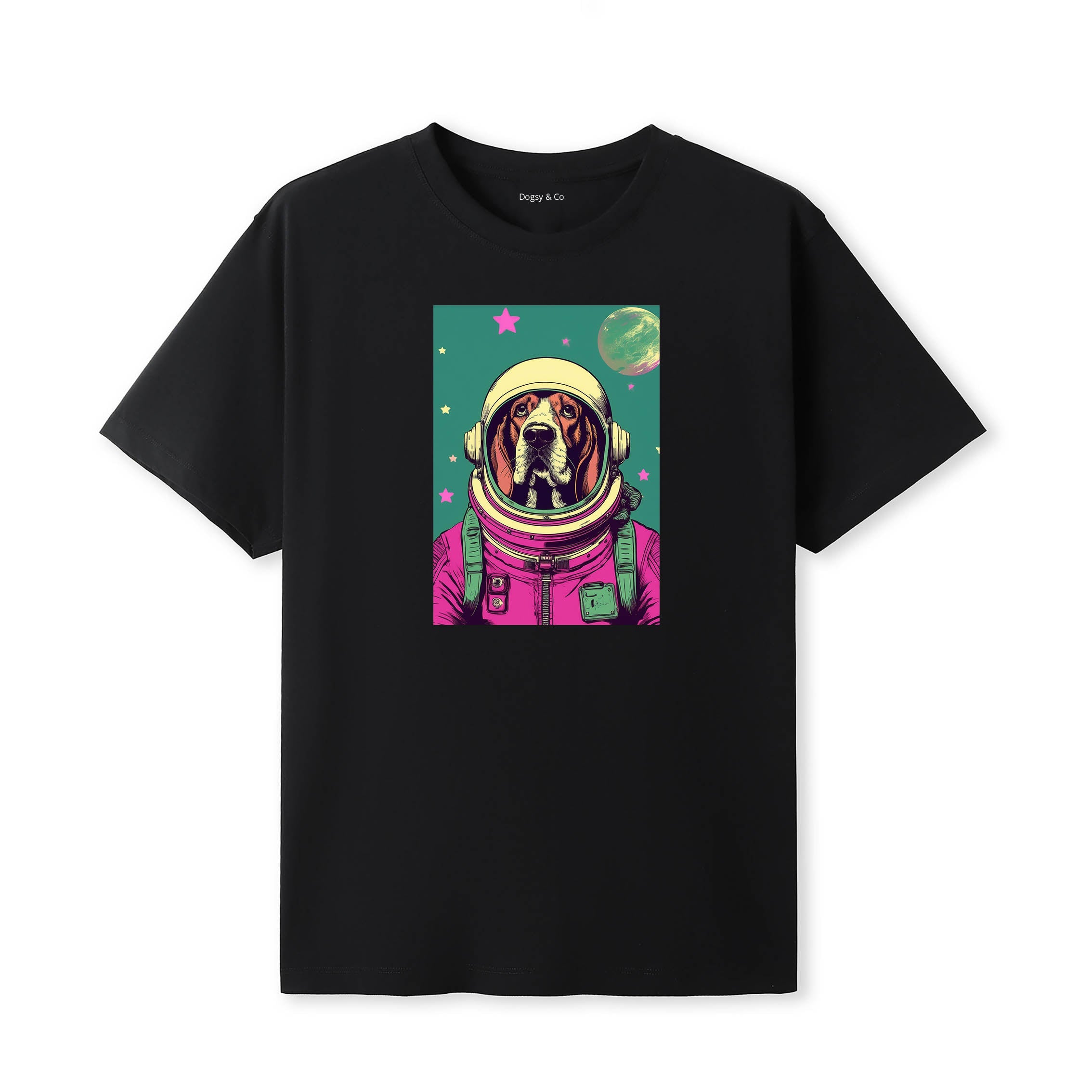 Basset Hound Space Dogs T-Shirt colourful astronaut dog artwork in a retro space design