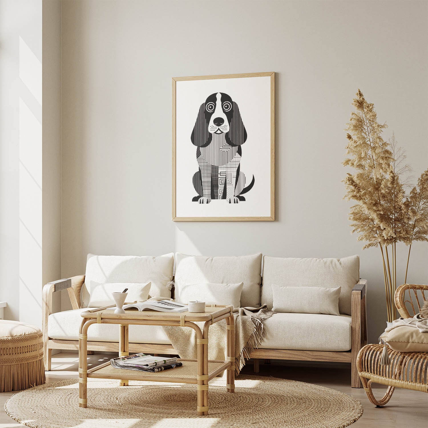 Basset Hound Geometric Line Art Print - Framed Mockup