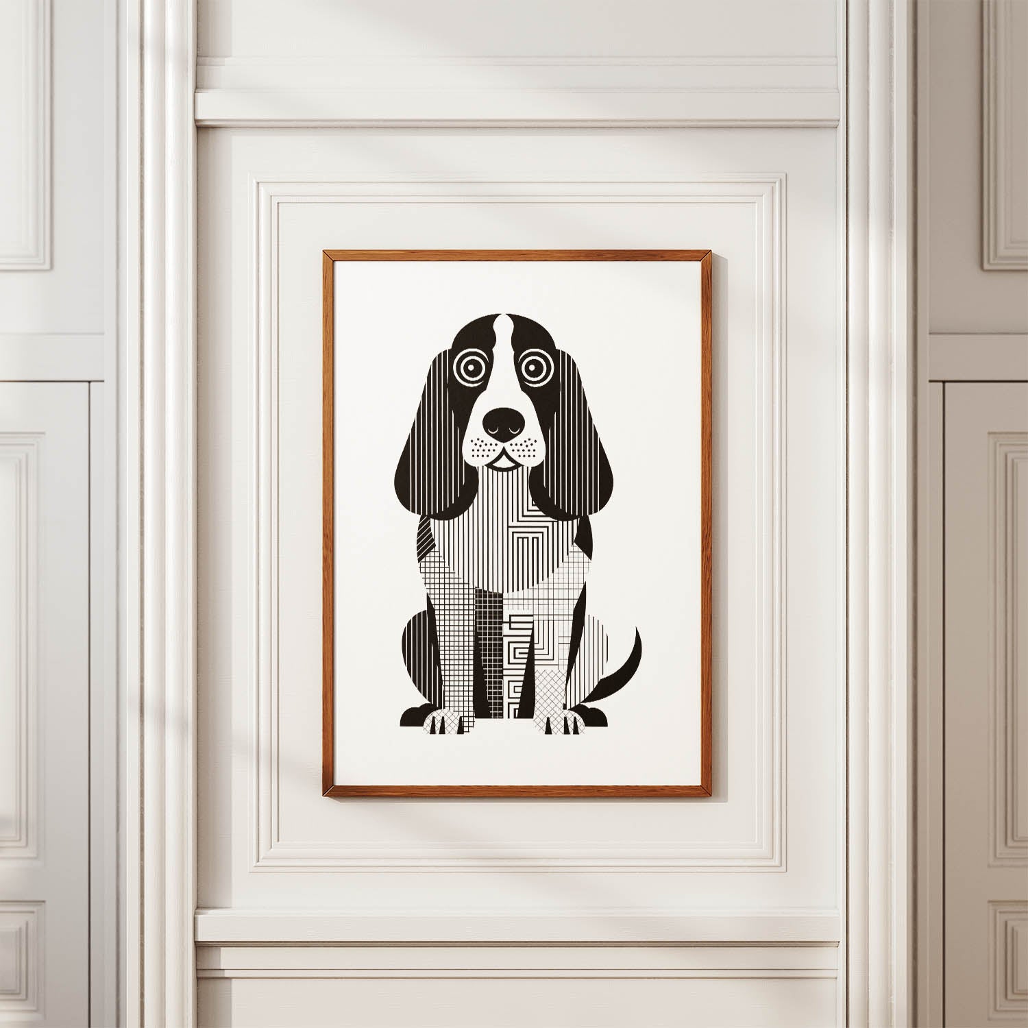 Basset Hound Geometric Line Art Print - Framed Mockup
