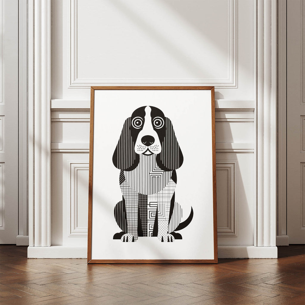 Basset Hound Geometric Line Art Print - Framed Mockup