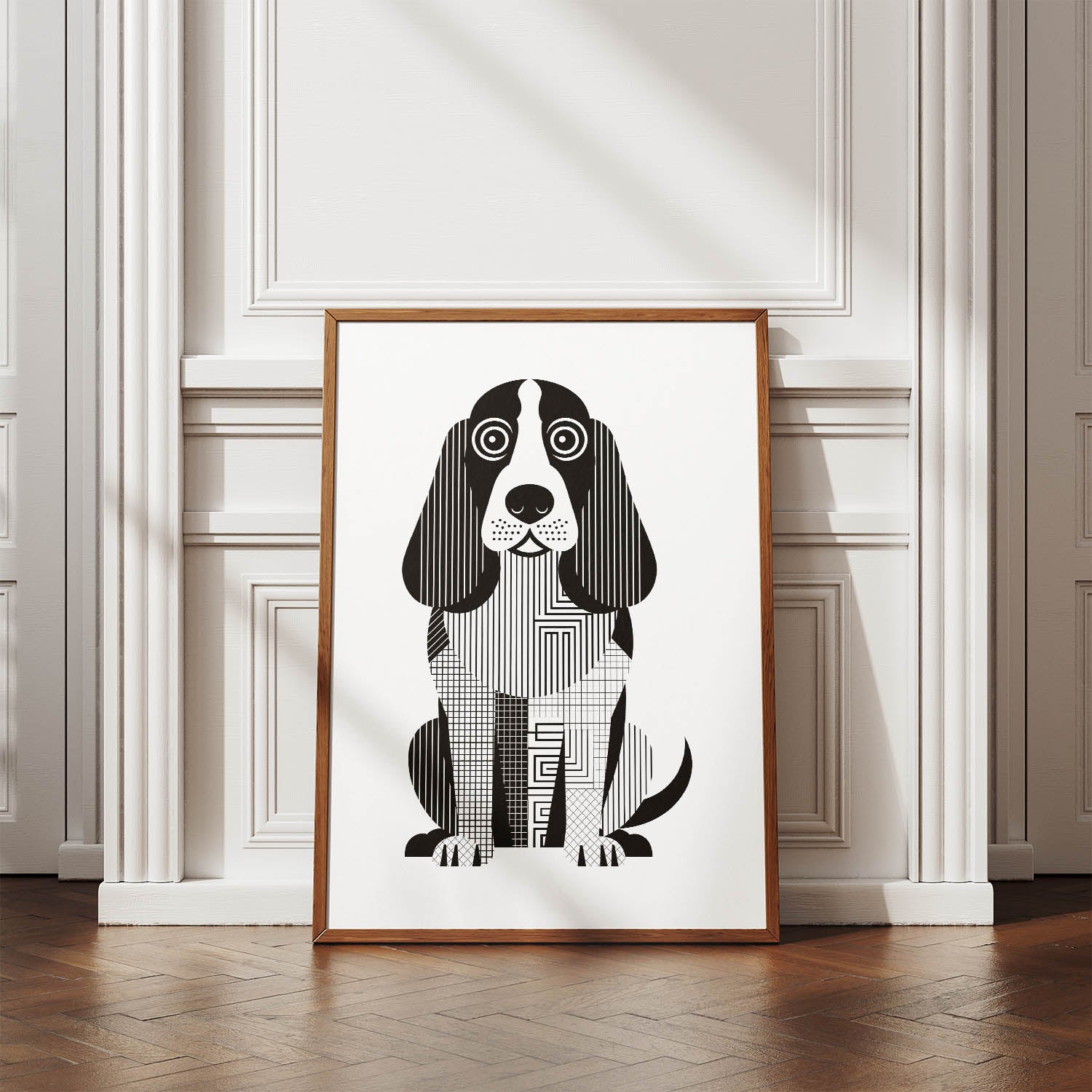 Basset Hound Geometric Line Art Print - Framed Mockup