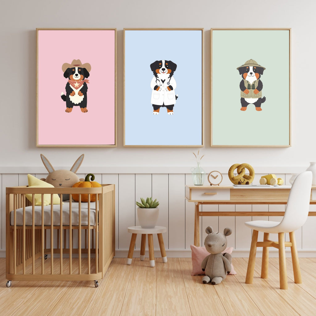 Bernese Mountain Dog Kids Nursery Wall Art Print Bundle — 22 Dog Costume Designs, 5 Colours, 6 Print Sizes | Digital Download